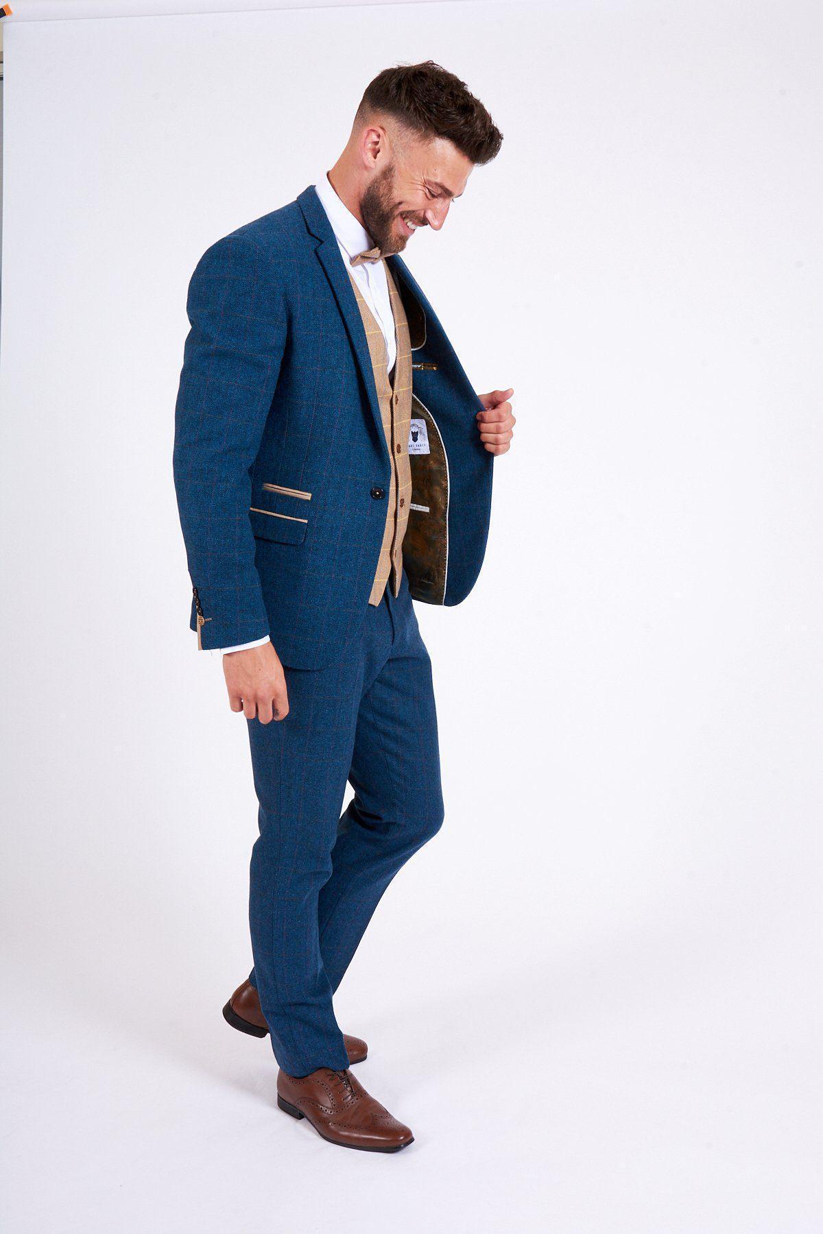 Stylish Blue Tweed Check Suit with DX7 Oak Waistcoat - Perfect for Business Meetings, Weddings & Formal Events