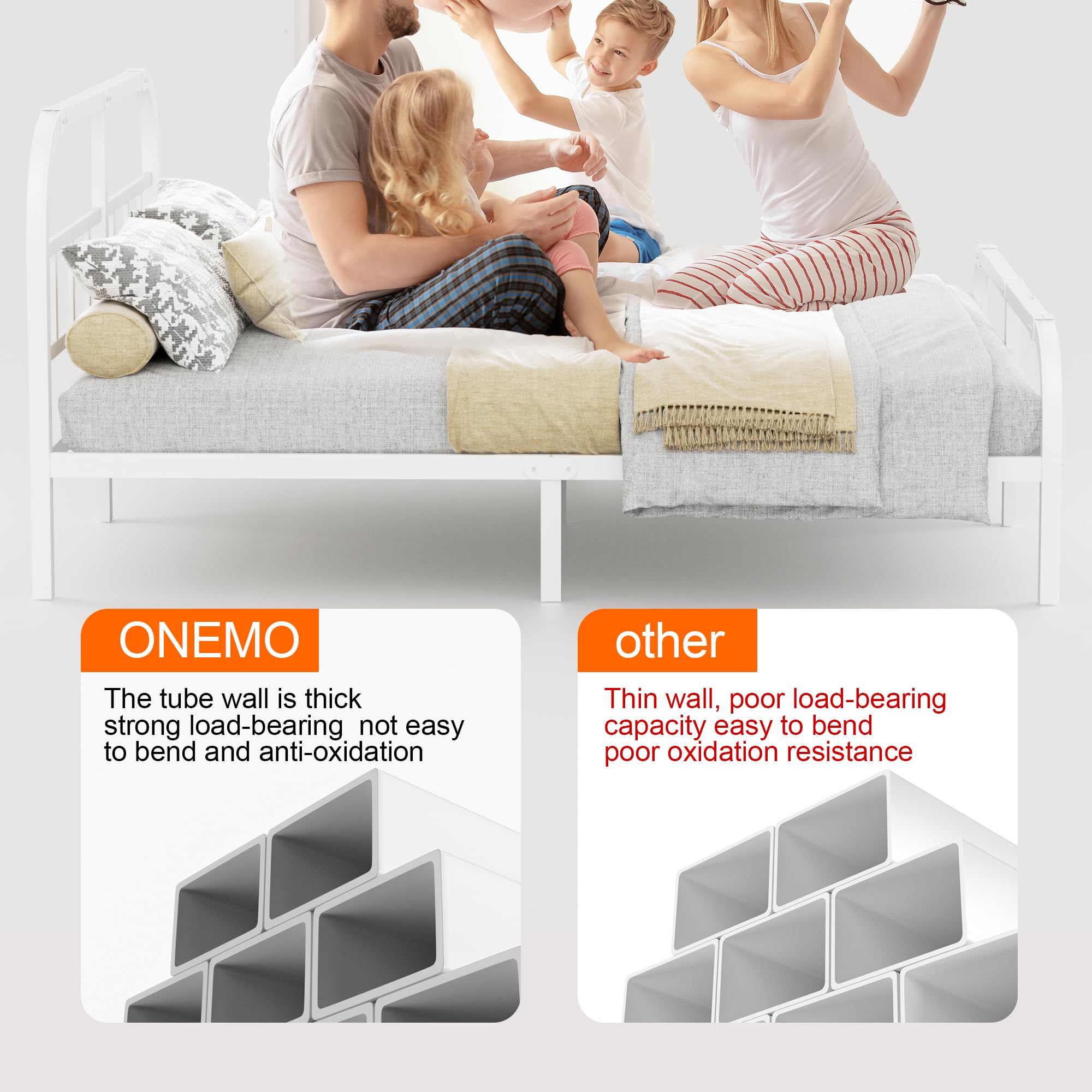 ONEMO 14 Inch California King Bed Frame with Headboard & Footboard - Heavy Duty Metal Platform Bed Frame with Sturdy Steel Support for 2000lbs - Quiet Anti-Slip Mattress Foundation in White - Perfect for Master Bedroom, Guest Room & Dormitory
