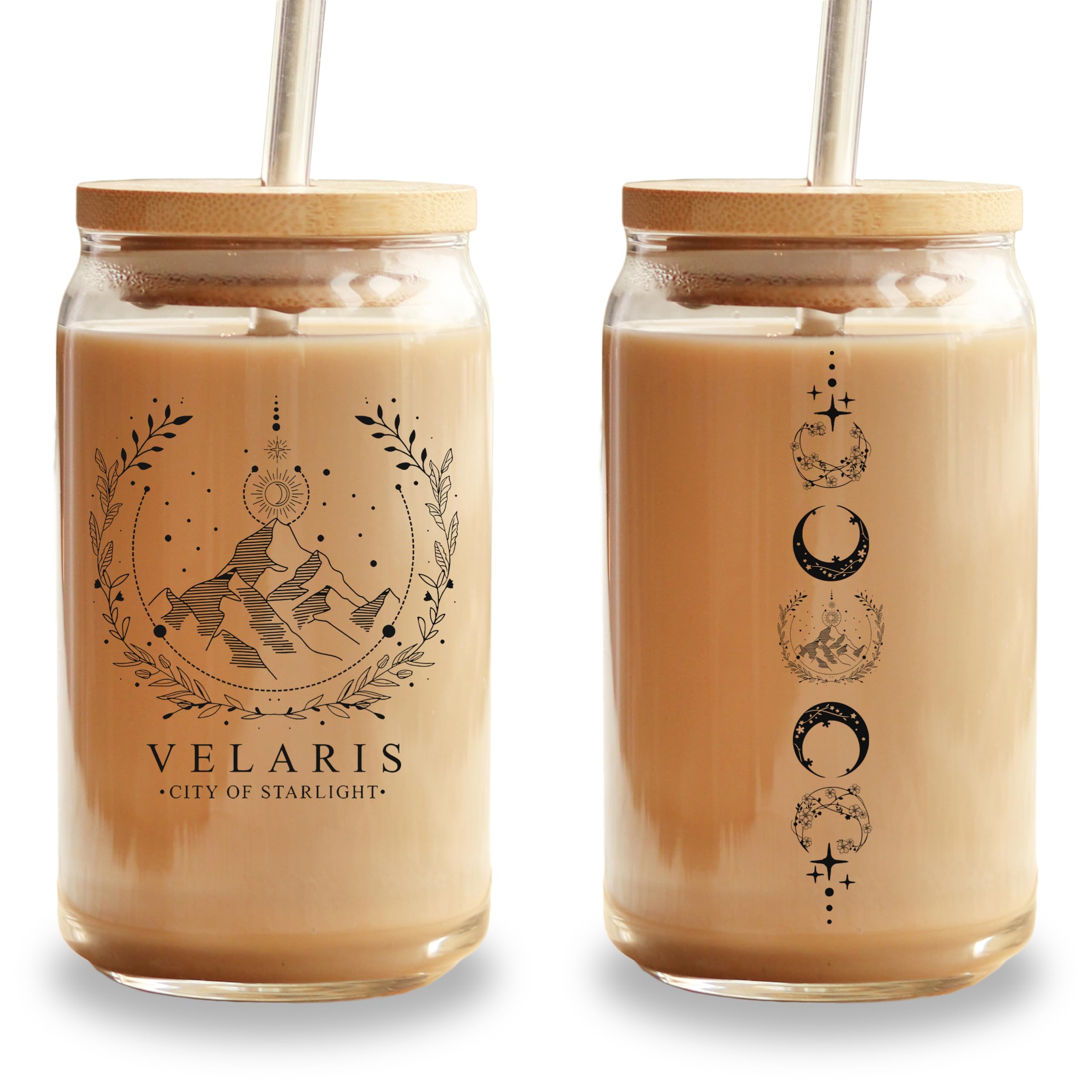 ACOTAR 16oz Glass Tumbler with Lid & Straw - Velaris City of Starlight Iced Coffee Cup, Night Court Gift Merch | Perfect for Iced Coffee, Tea, Smoothies & Cold Drinks at Home, Office or Travel