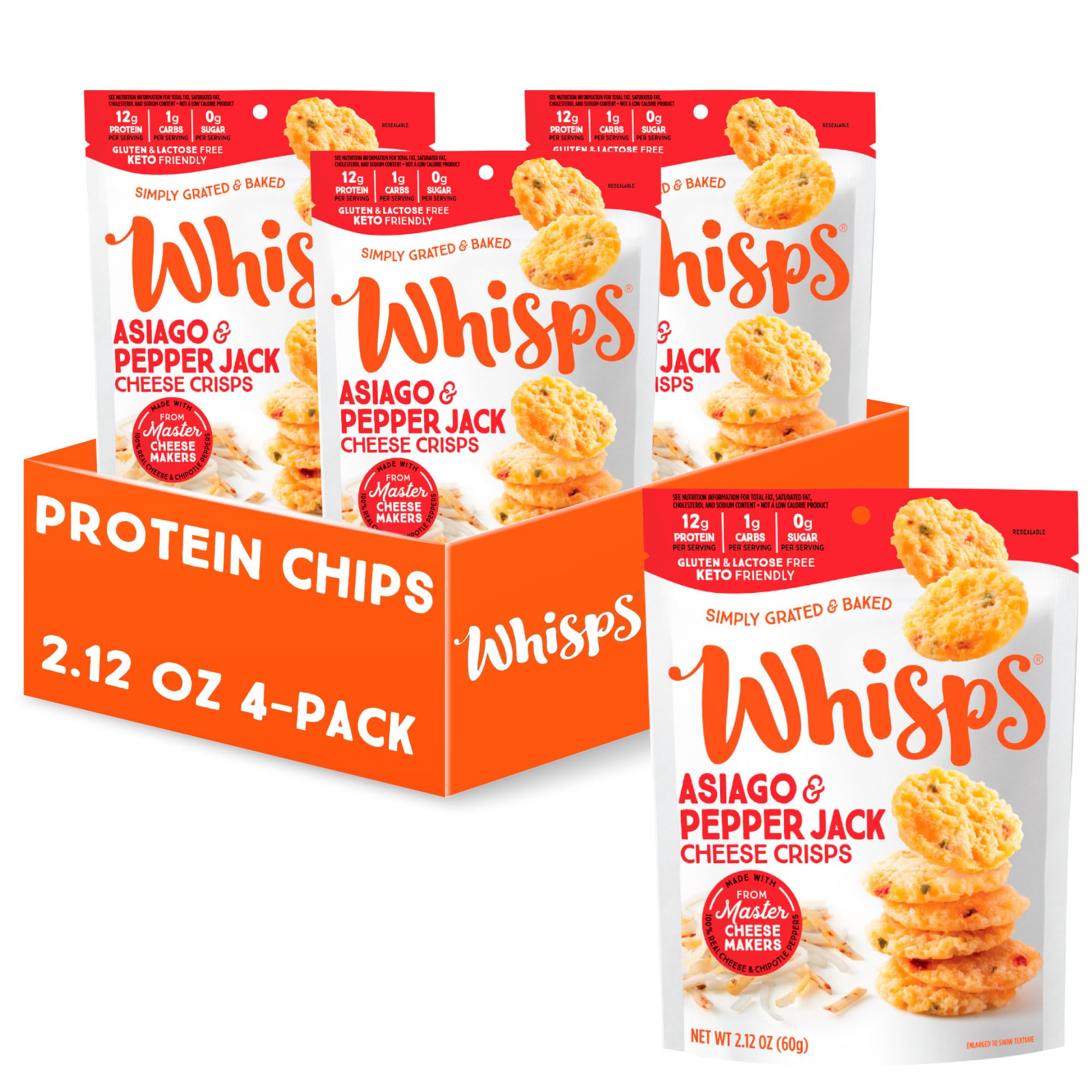 Whisps Asiago & Pepper Jack Cheese Crisps - High Protein, Low Carb, Keto, Gluten Free Snacks - Healthy Protein Chips for Weight Loss & Diet (2.12 Oz, 4 Pack) - Perfect for Office Snacks, School Lunch, and On-the-Go Keto Diet