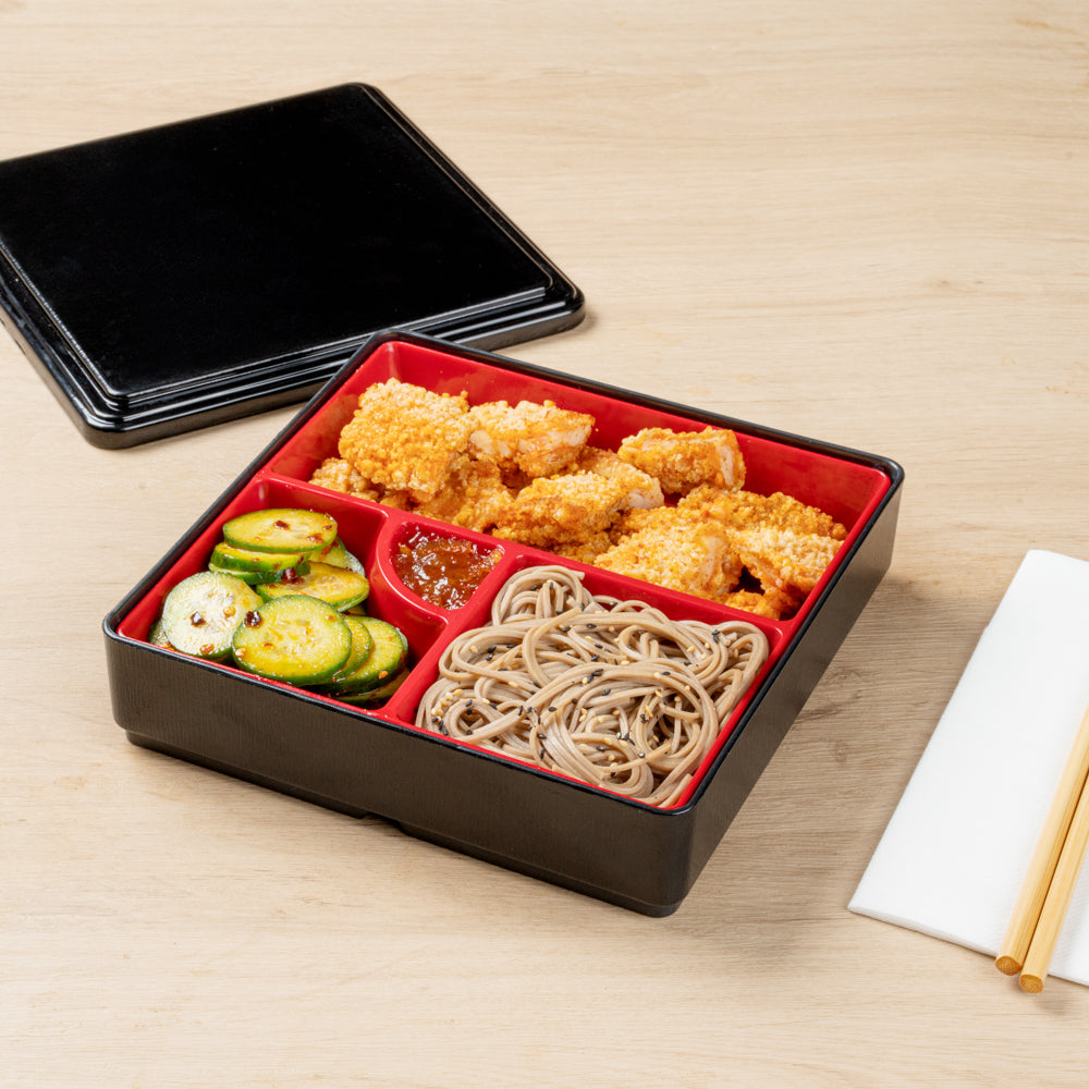 Japanese Style Bento Box - Square Black & Red 4-Compartment Lunch Box (8.25