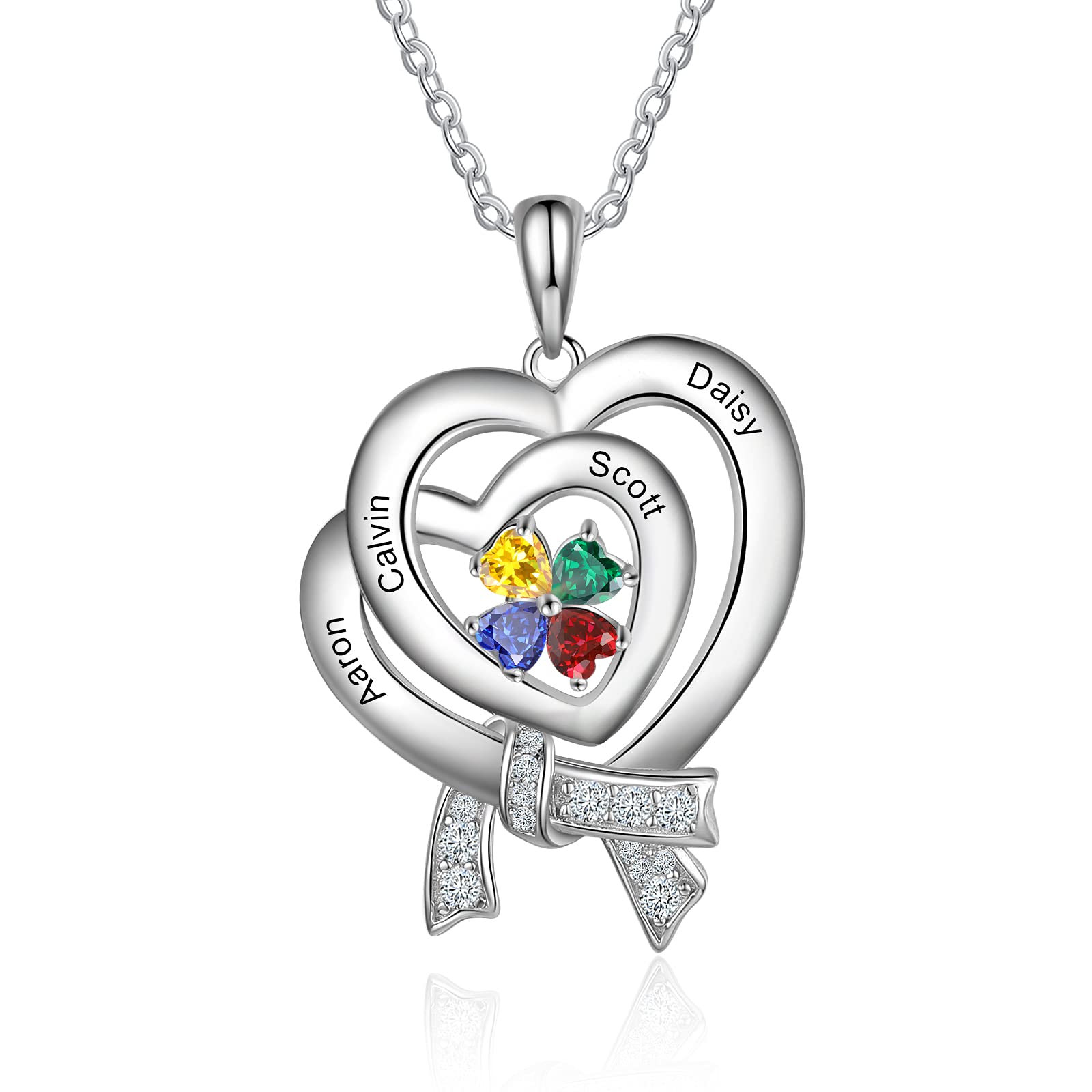 Personalized Custom Mesh Tie Name Necklace for Mom - 1-4 Simulated Birthstones, Heart Pendant for Mothers, BFF & Sisters - Perfect Gift for Family, Anniversary & Mother's Day