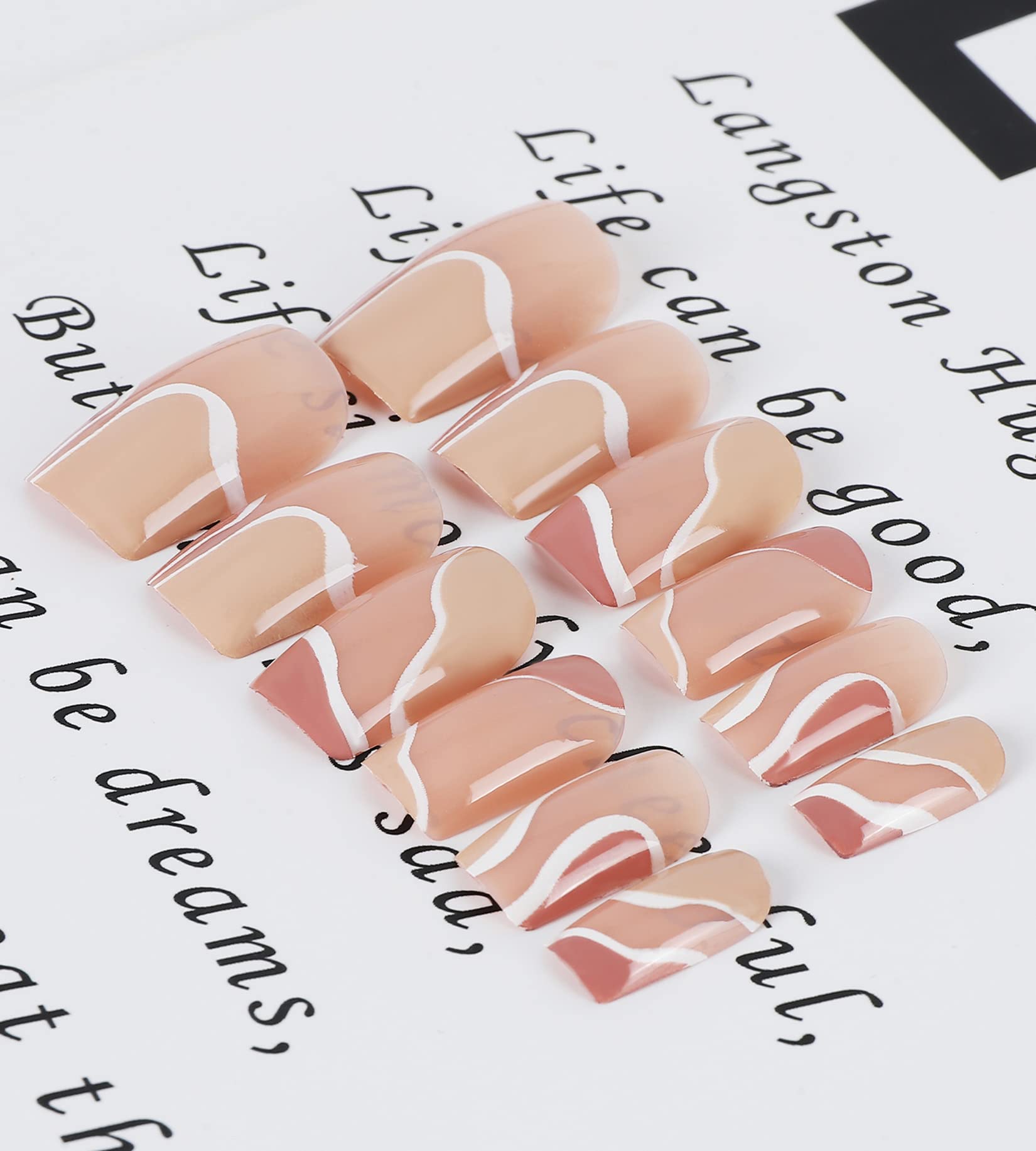 24 Pcs Short Press on Nails with Glue - Glossy Fake Nails for Women & Girls, Brown Nude French Design - Perfect for Parties, Weddings & Everyday Wear