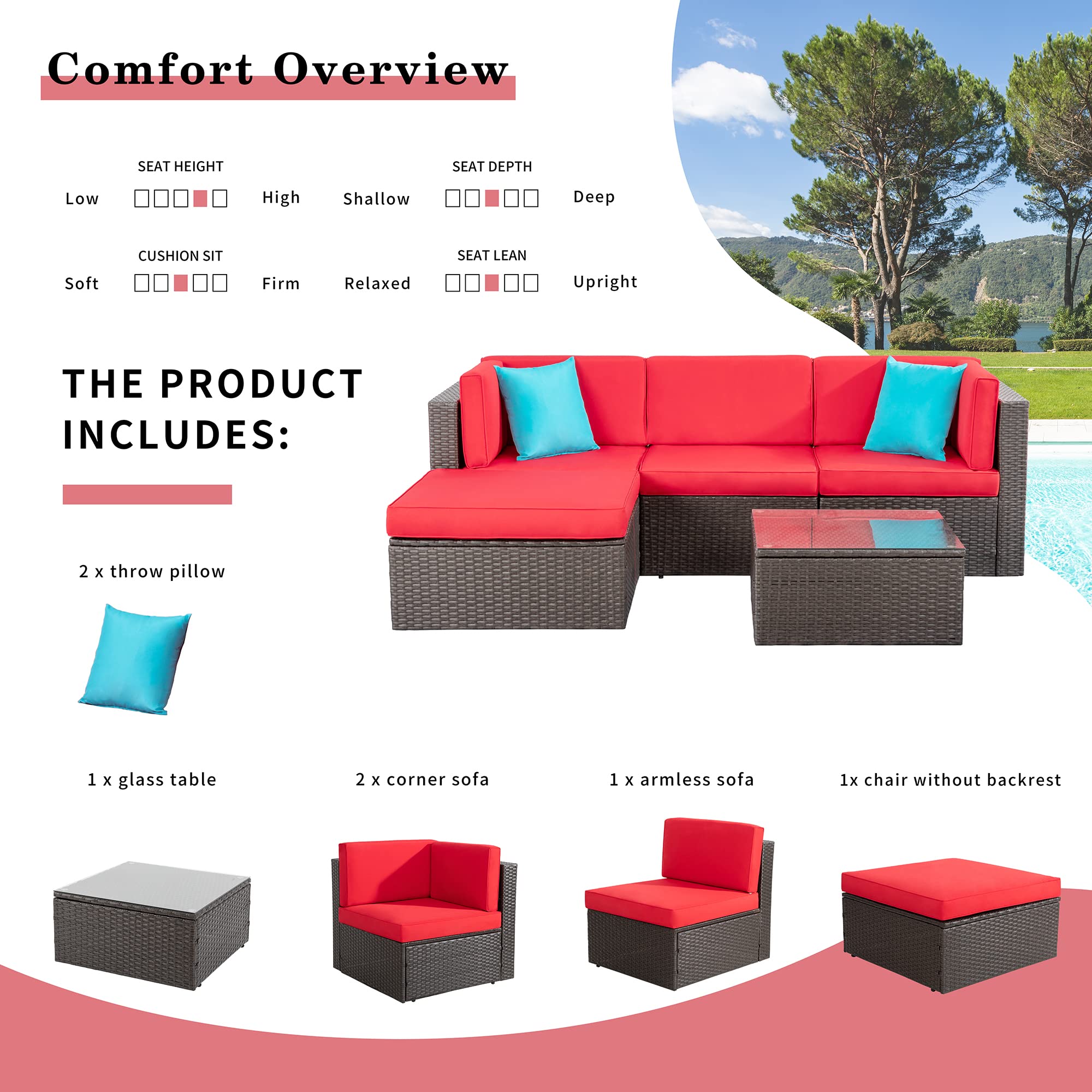 5-Piece All-Weather Outdoor Patio Furniture Set - PE Rattan Sectional Sofa with Glass Coffee Table, Ottoman & Red Cushions - Perfect for Garden, Poolside & Backyard Relaxation
