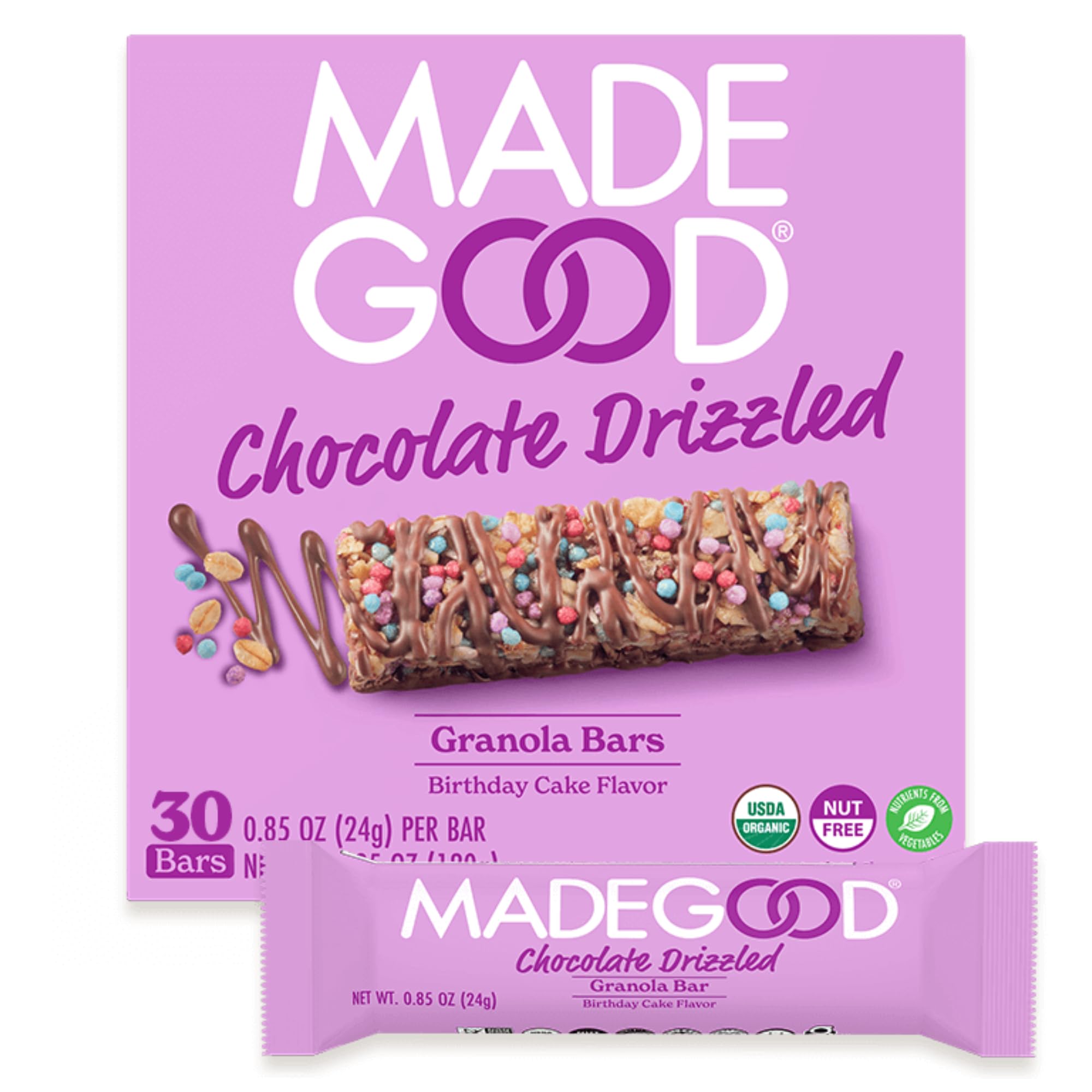 MadeGood Chocolate Drizzled Granola Bars, Birthday Cake Flavor - Gluten Free, Vegan, Organic Snacks (30 Count Bulk Pack) - Perfect for School Lunches, Office Snacks & On-the-Go Energy Boost