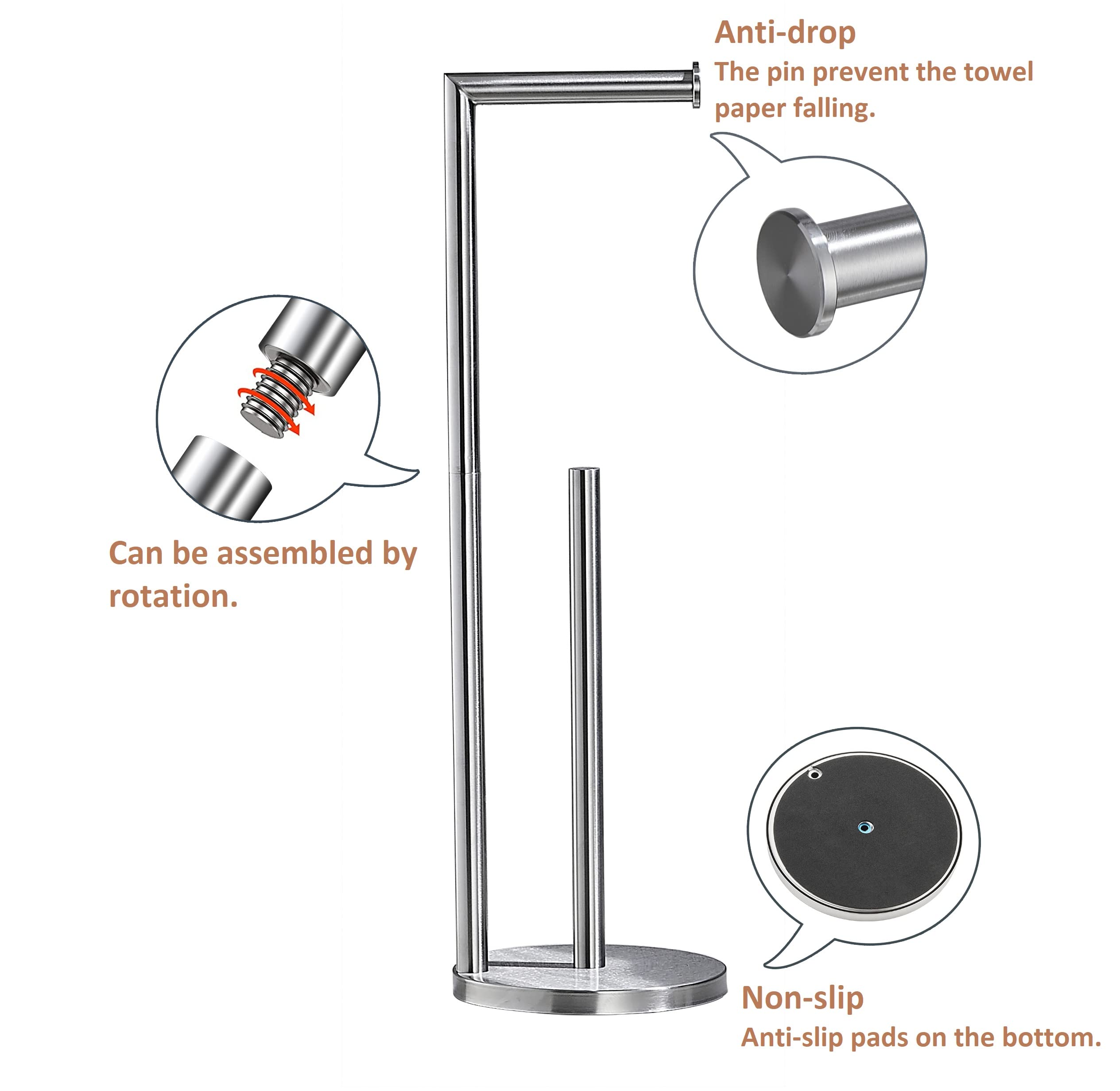 Brushed Nickel Free Standing Toilet Paper Holder Stand - SUS304 Stainless Steel Bathroom Tissue Roll Holder with Wipe Dispenser | Durable & Stylish for Home, Office, RV, and Restroom Decor