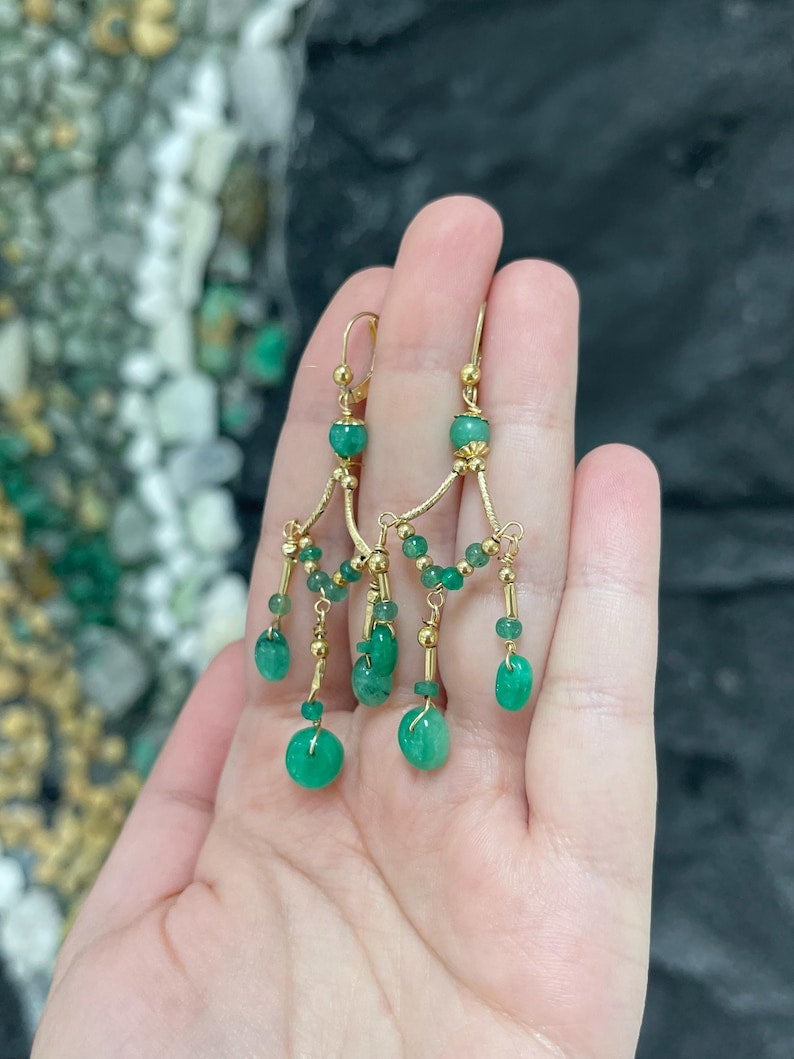 14K Gold & Silver Natural Emerald Bead Chandelier Earrings | Elegant Dangle Drop Earrings for Women | Perfect for Weddings, Parties & Special Occasions