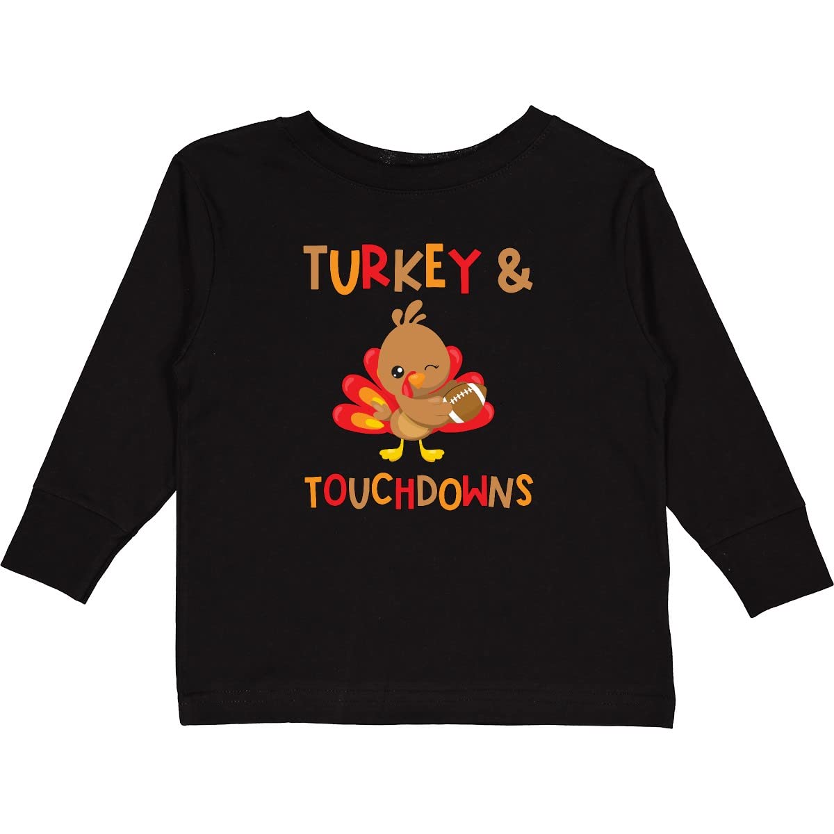 Inktastic Turkey and Touchdowns Cute Thanksgiving Toddler Long Sleeve T-Shirt - Soft Cotton Holiday Outfit for Baby Boys & Girls - Perfect for Family Gatherings, Fall Festivals & Football Game Days
