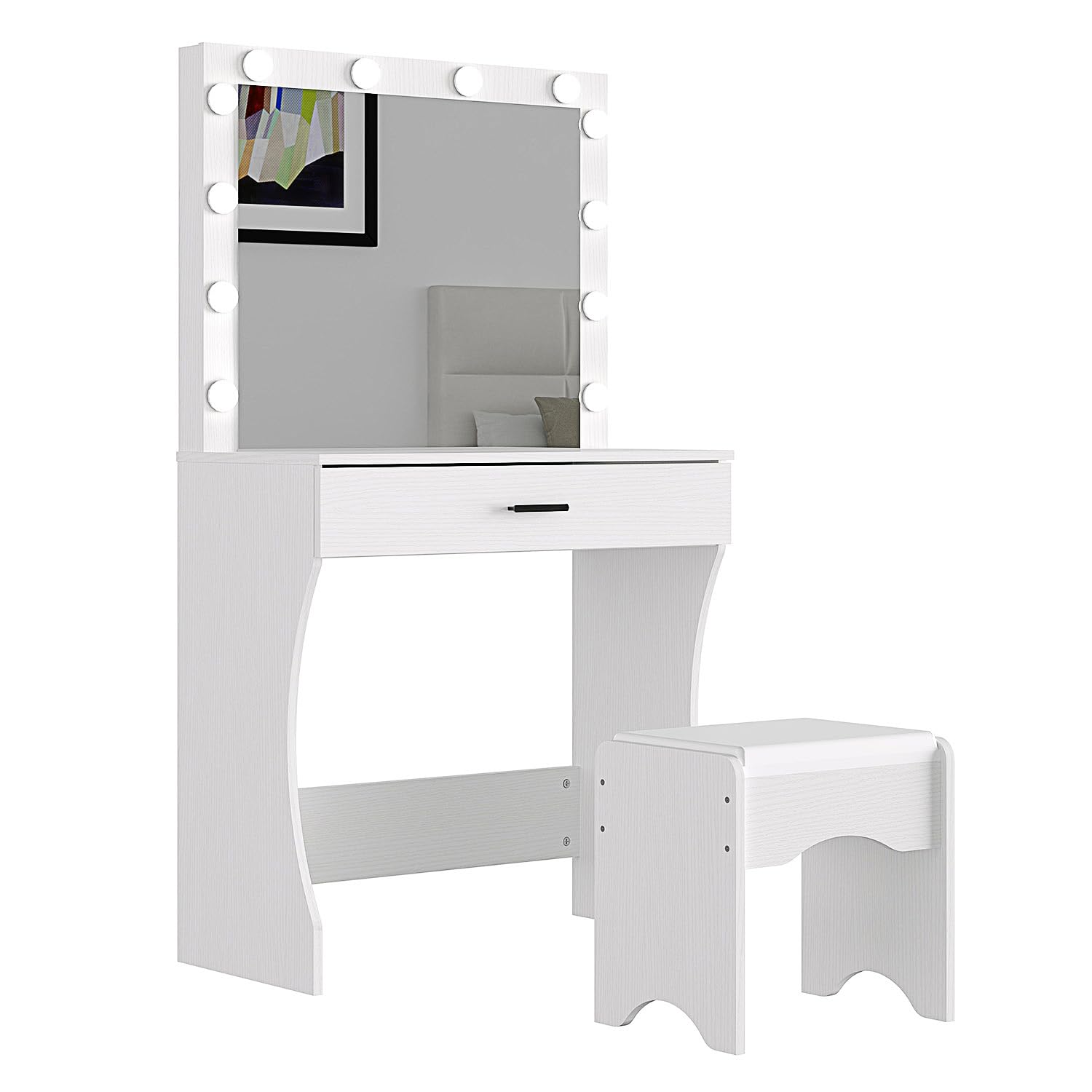 Vanity Desk with Mirror & Adjustable LED Lights, White Makeup Table with Storage Drawer & Stool - Dressing Table for Bedroom, Perfect for Applying Makeup & Skincare Routine