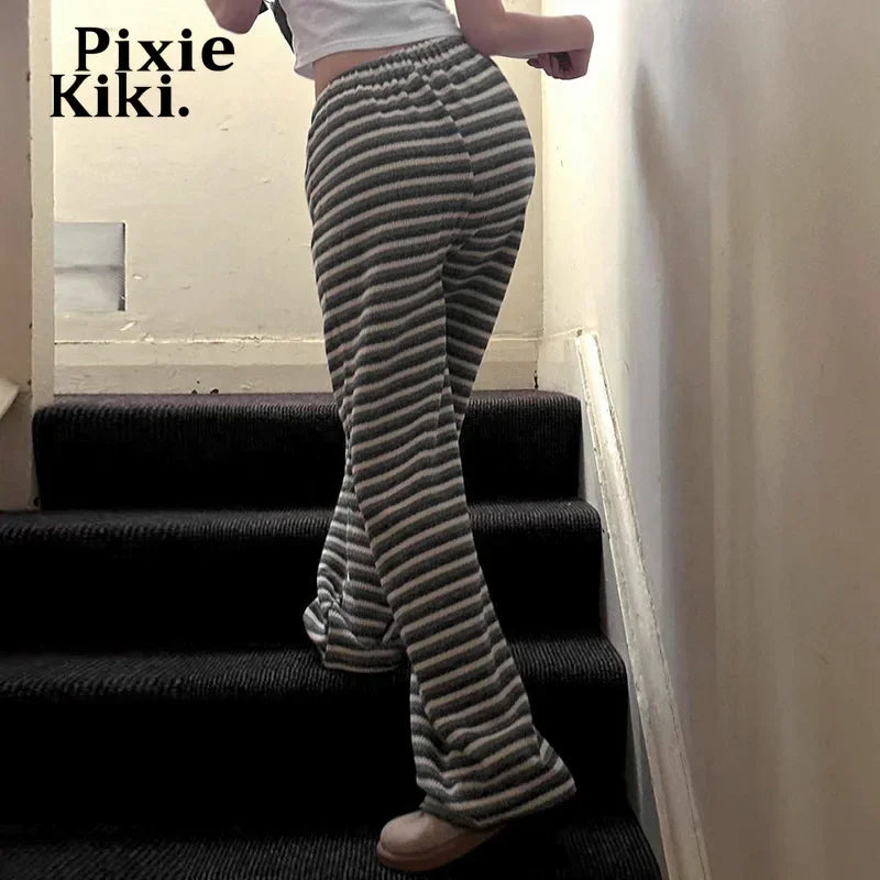 Y2K Black and White Striped Knitted Pants for Women - Cozy High Waist Drawstring Baggy Pants | Fall Winter Fashion | Perfect for Casual Outfits, Streetwear & Loungewear