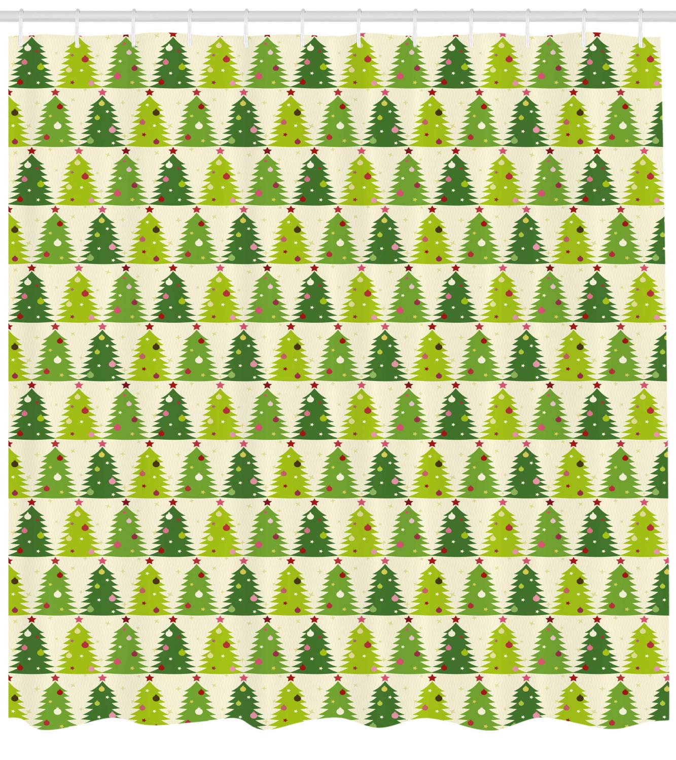 Ambesonne Christmas Tree Shower Curtain - Festive Pine Trees with Ornaments & Star Top Design, Wavy Stripes Pattern, 69x84 Inch Waterproof Fabric Bathroom Decor with Hooks - Perfect for Holiday Home Decor, Christmas Bathroom Makeover & Gift Ideas