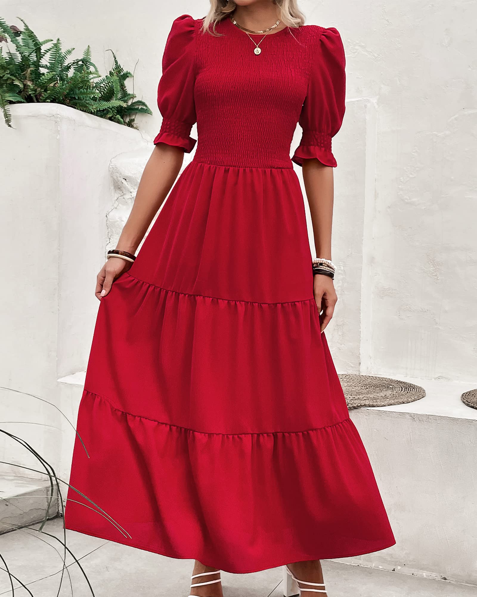 BTFBM Women's Floral Print Boho Maxi Dress - Crew Neck, Ruffled Short Sleeve, Smocked Waist, Flowy Summer Casual Dress for 2025 | Perfect for Beach Vacations, Music Festivals & Boho-Chic Outfits