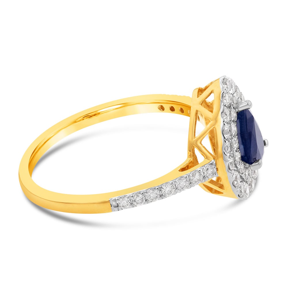 0.59ct Natural Black Sapphire & 1/2ct Diamond Double Halo Pear Ring in 9K Yellow Gold - Elegant Engagement, Wedding & Anniversary Jewelry Gift