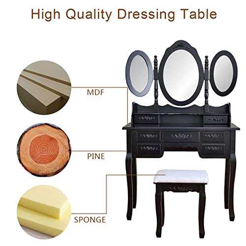 Vanity Set with Tri-Folding Mirror & 7 Drawers - Makeup Dressing Table with Cushioned Stool - Easy Assembly for Women & Girls - Perfect for Bedroom, Bathroom & Dressing Room Organization