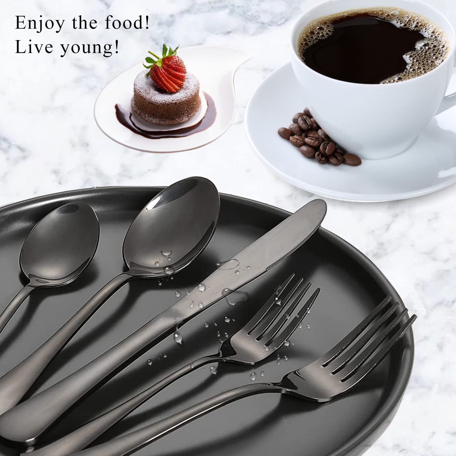 Premium 16-Piece Stainless Steel Cutlery Set - 8 Black Forks & Spoons (8