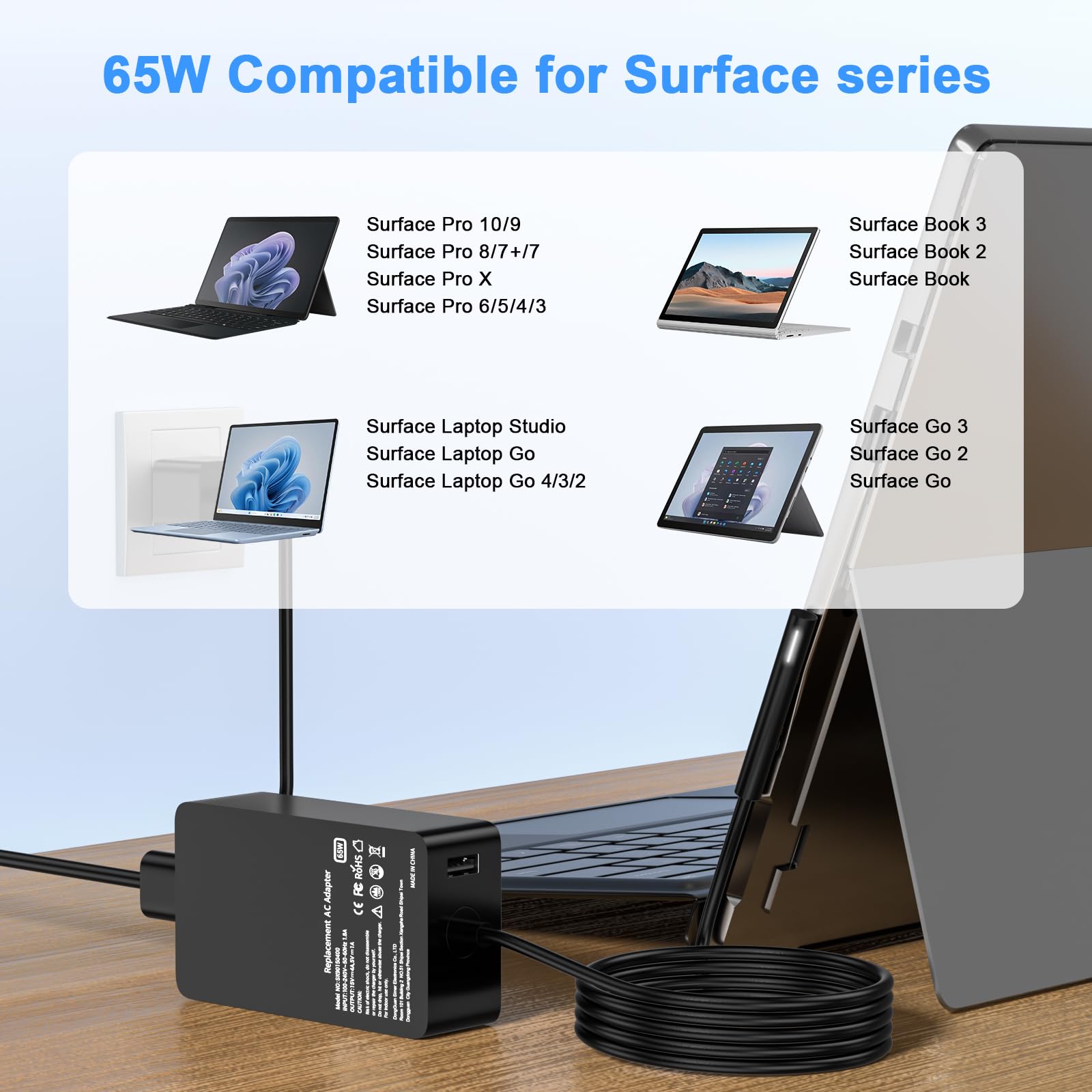 65W Surface Pro Charger - Compatible with Microsoft Surface Pro 9/8/7/6/5/4/X & Surface Laptop 1/2/3/4 - Fast Charging Power Adapter with 5V 1A USB Port & LED Indicator (44W/36W Modes) - Perfect for Home, Office & Travel Use