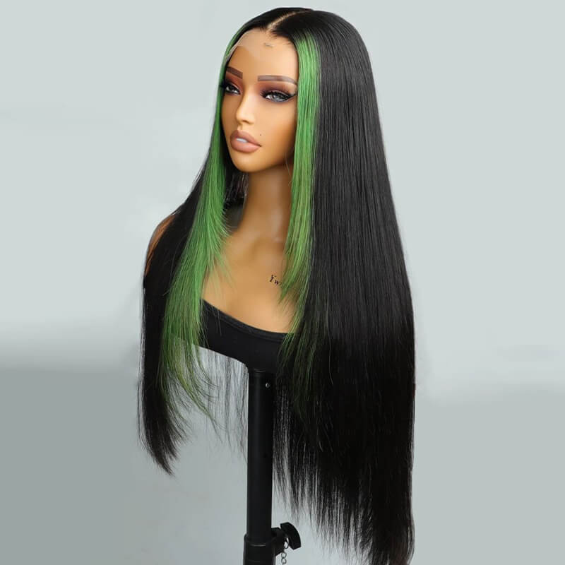 Eullair Green Skunk Stripe Layered Cut Straight Human Hair Wig with Golden Ginger Highlights - Pre Cut Lace Front for Natural Look | Perfect for Cosplay, Halloween, Daily Fashion & Special Occasions
