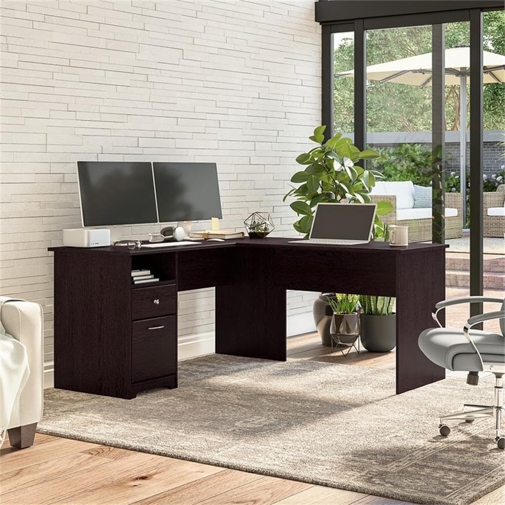 Atlin Designs 60 Inch Modern L-Shaped Wooden Desk with Storage Drawers - Espresso Oak Finish for Home Office & Gaming Setup