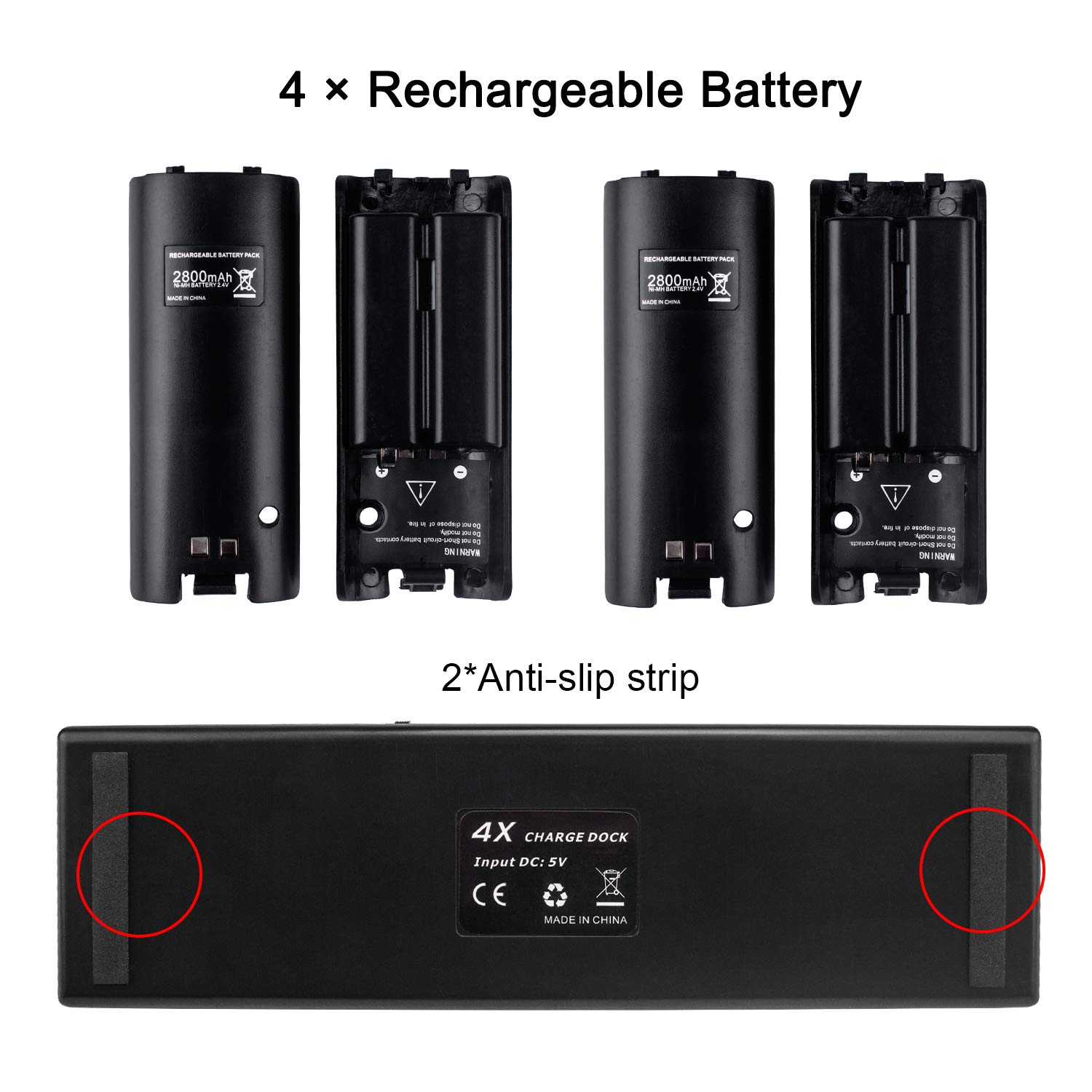 TechKen 4-Pack 2800mAh Rechargeable Batteries for Wii Remote Controller with Charging Dock Station (Black) - Perfect for Gaming, Home Entertainment & Long Play Sessions