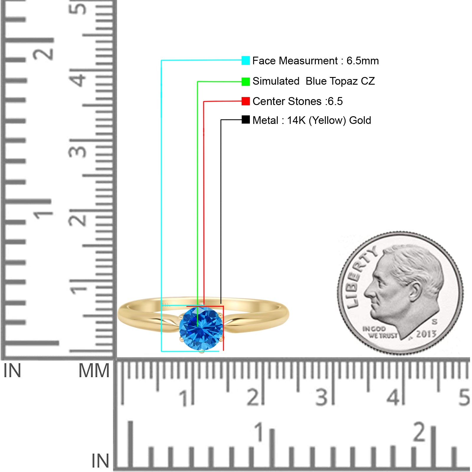 14K Yellow Gold Round Blue Topaz CZ Solitaire Ring for Women - Elegant Engagement, Wedding, Anniversary Gift for Her - Perfect for Valentine's Day, Birthday & Special Occasions