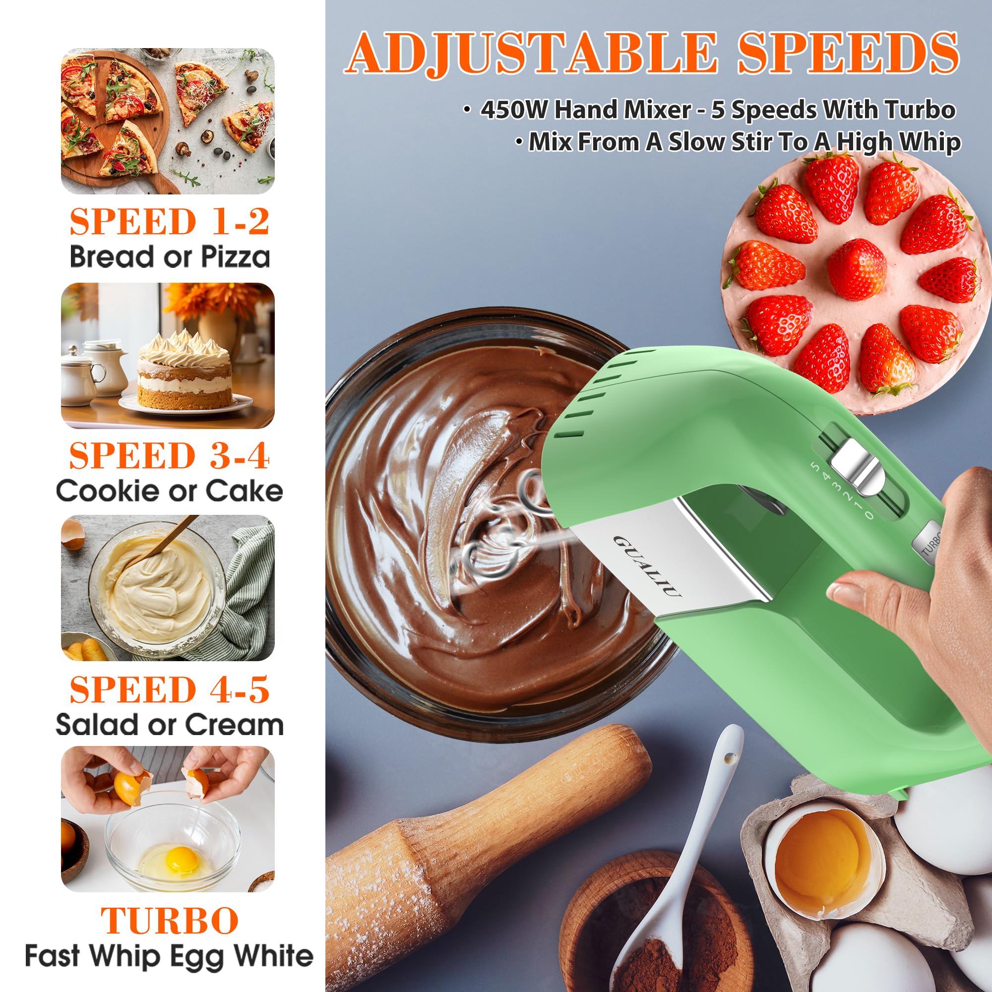 450W Electric Hand Mixer - 5-Speed Stand Mixer with 304 Stainless Steel Beaters & Dough Hooks | Includes Storage Bag | Powerful Kitchen Blender for Baking Cakes, Cookies, Dough & Whipping Cream | Perfect for Home Bakers & Cooking Enthusiasts