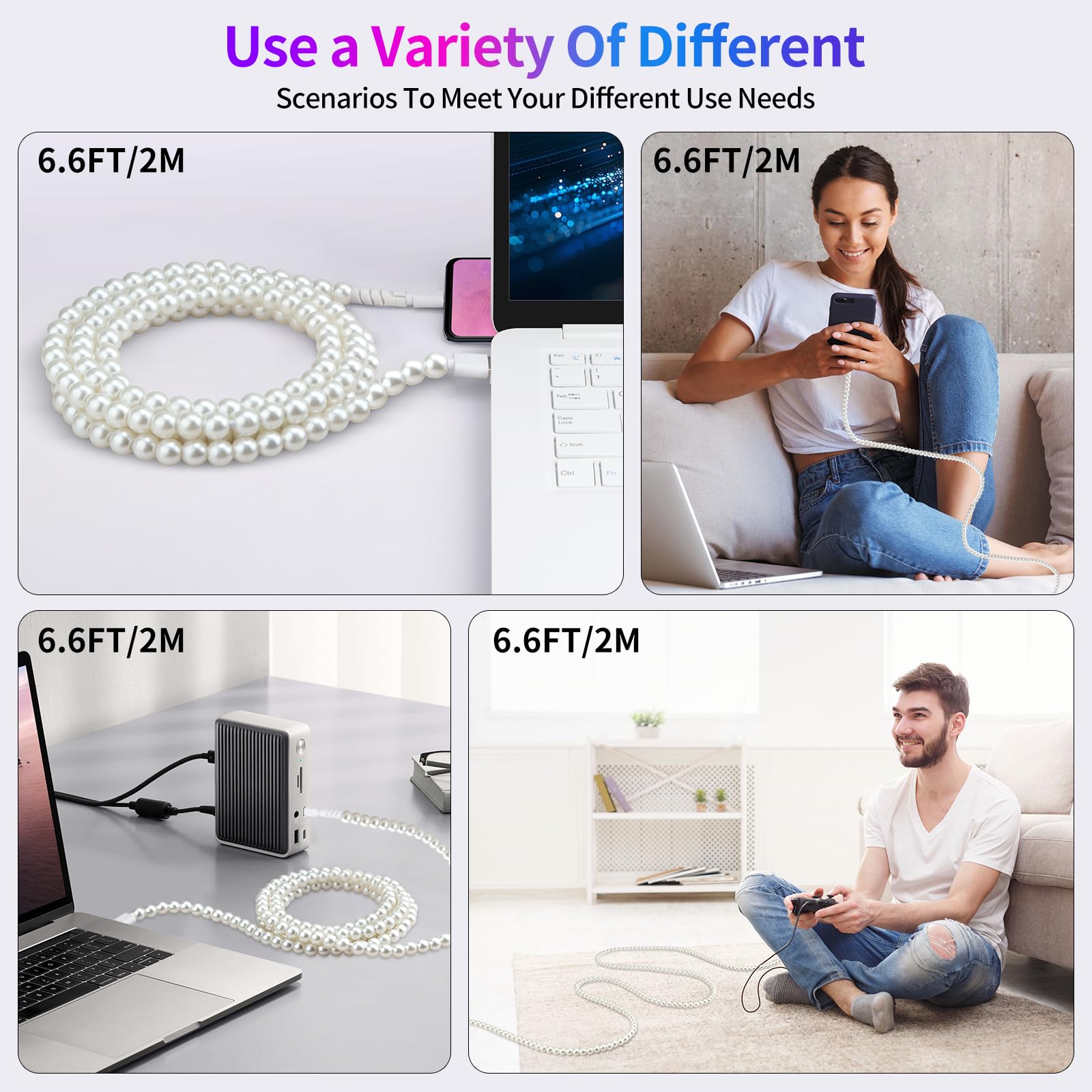 Aolcev 6.6FT USB C to USB A Fast Charging Cable 66W - 2M Long Beaded Pearl Phone Charger Cord for iPhone 16 Pro/15 Pro Max, Galaxy S25/S24, iPad - Perfect for Home, Office & Travel (White)