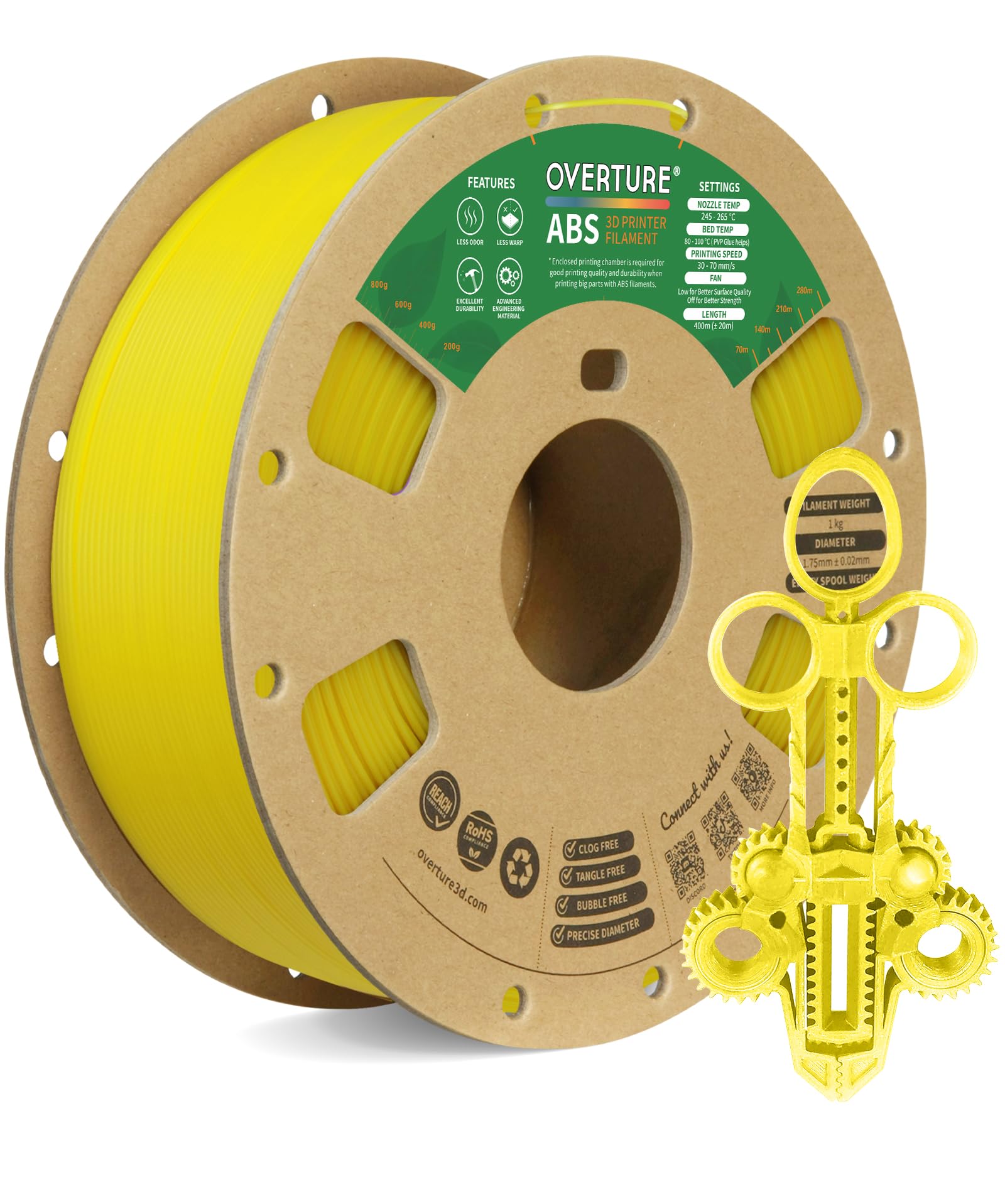 Overture ABS 3D Printer Filament 1.75mm, 1kg Spool (2.2lbs) - High Precision +/- 0.02mm Filament for FDM 3D Printers - Yellow ABS Filament for Prototyping, DIY Projects, Industrial Use & Home 3D Printing - Perfect for Cosplay Props, Model Making, and Functional Parts