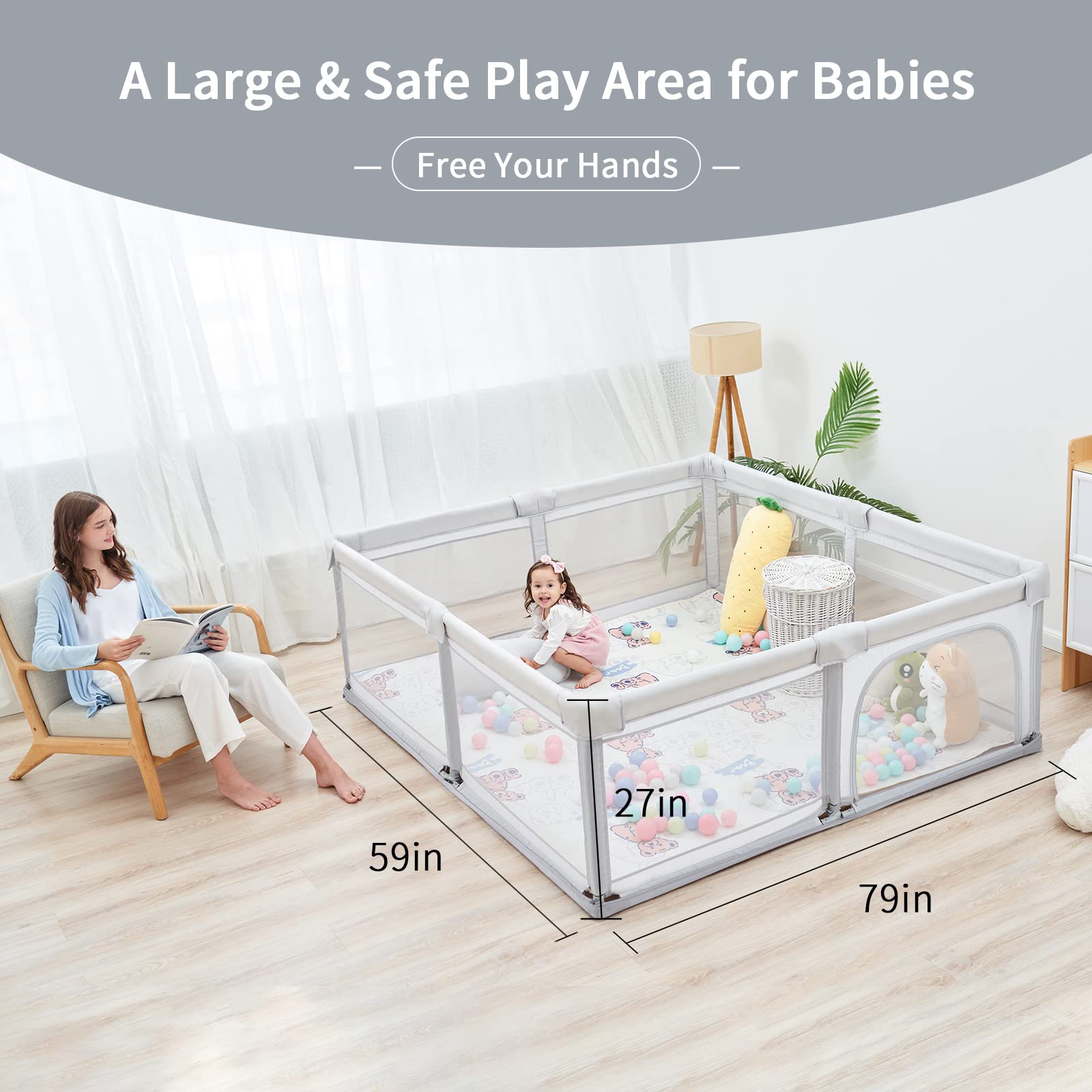 Foldable Baby Playpen 79x59 Inches - Adjustable Play Yard for Toddlers 1-3 Years, Indoor & Outdoor Safety Gate with Carry Bag - Light Grey | Perfect for Home, Nursery, Park & Travel Use