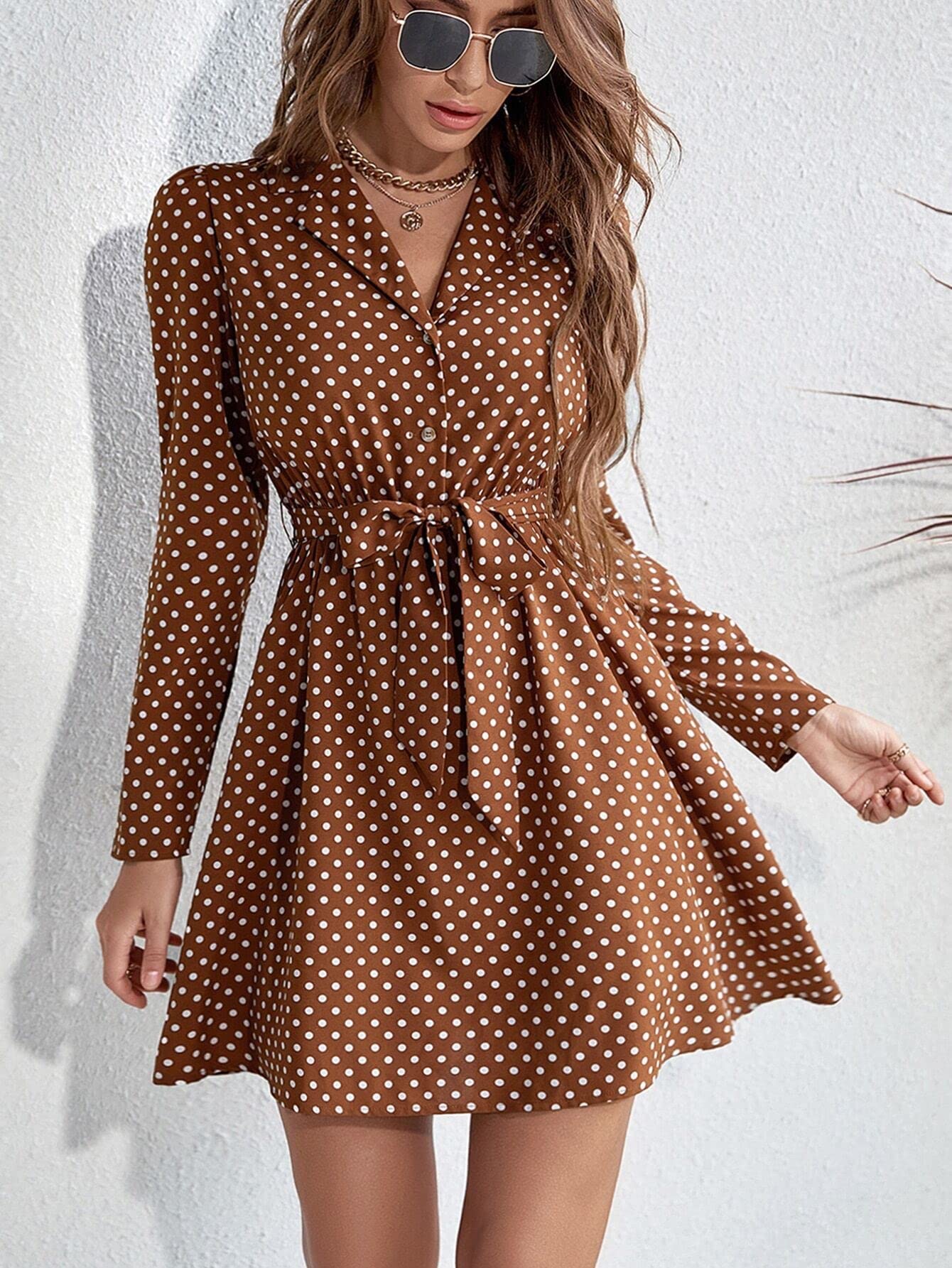 HAOSHU Women's Short Sleeveless Polka Dot Print Button Front Belted Shirt Dress - Casual Summer Outfit for Beach, Party & Office Wear