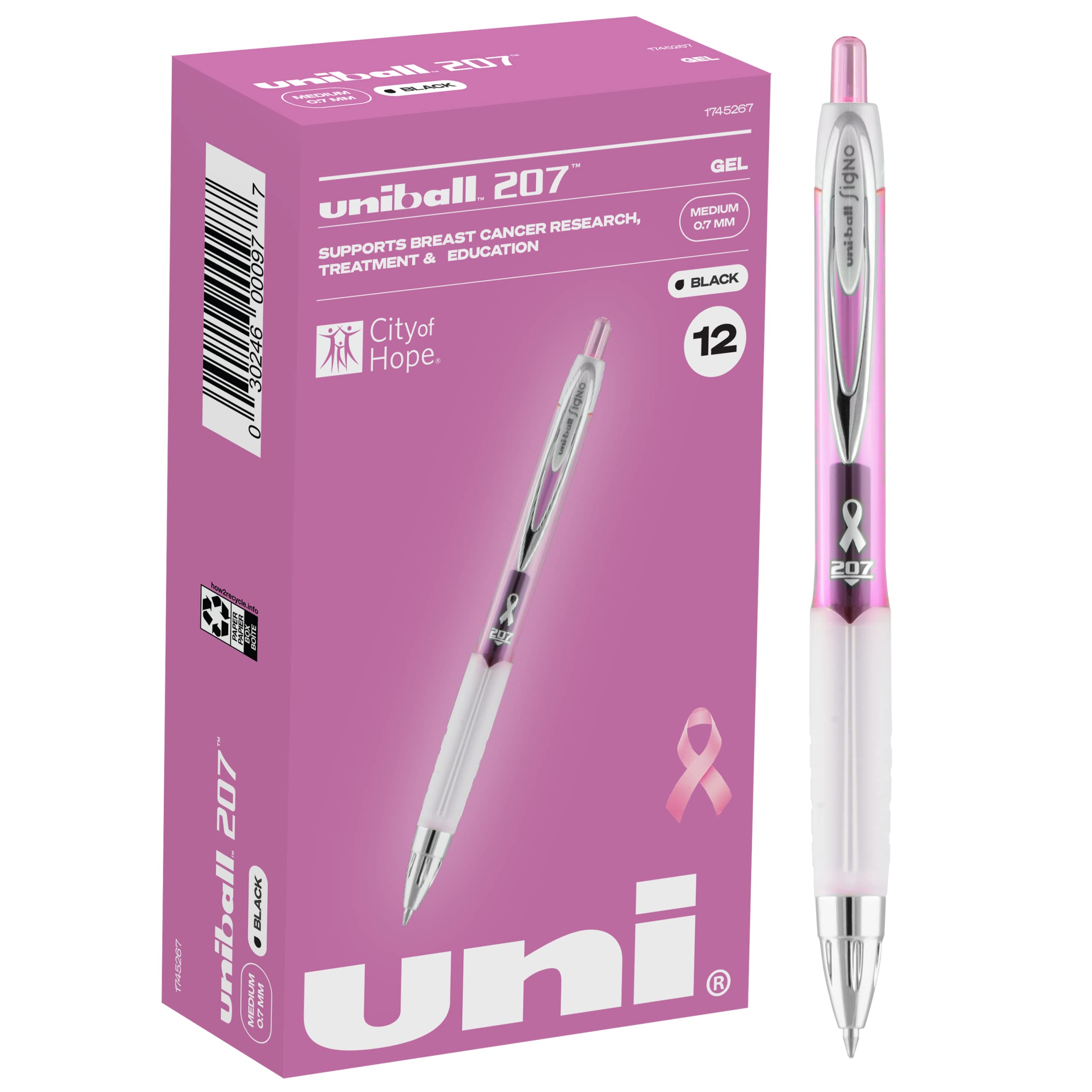 Uni-ball 207 Retractable Gel Pens 12-Pack, 0.7mm Medium Black Ink - Smooth Writing for Office & School