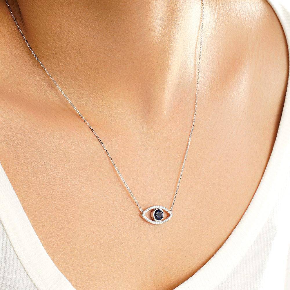 1.28 CT Blue Sapphire & White Sapphire Evil Eye Protection Necklace - Elegant Jewelry for Women, Gift for Her, Spiritual & Healing Accessory