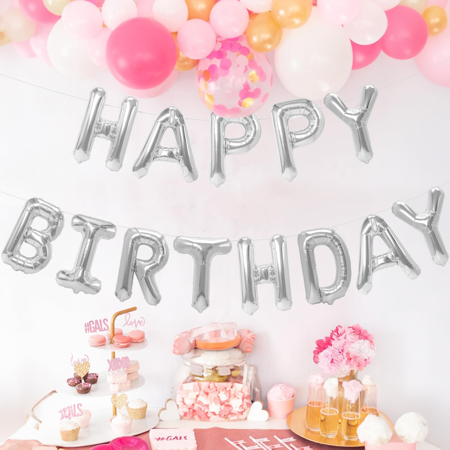 16 Inch Reusable Mylar Foil Balloon Letters - Happy Birthday Banner Sign Kit with Silver Balloons for Kids & Adults Party Decorations | Perfect for Birthday Celebrations, Baby Showers & Anniversary Parties
