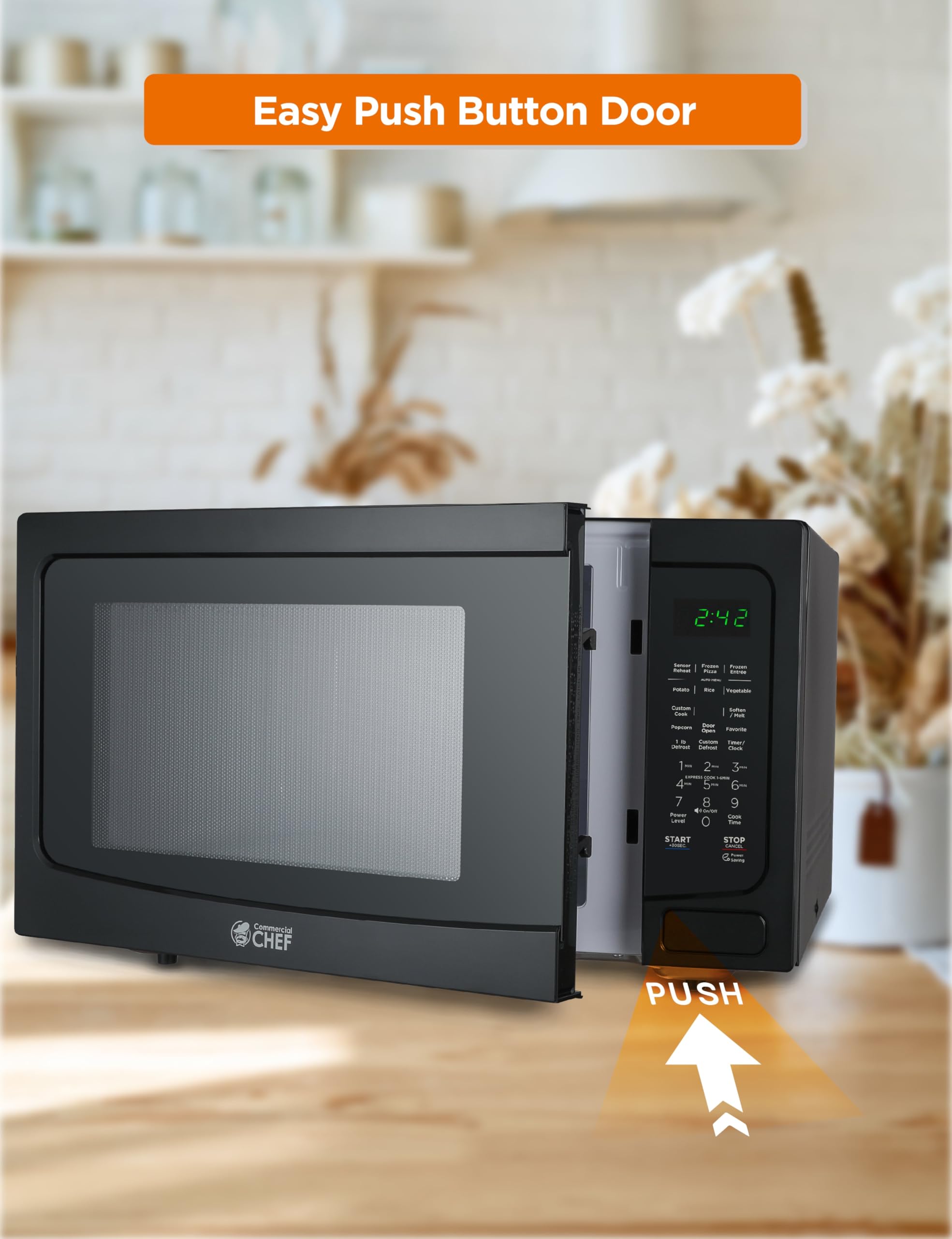 Commercial Chef 1.6 Cu Ft Countertop Microwave Oven - 1100W with 10 Power Levels, Digital Controls & Child Safety Lock - Perfect for Small Kitchens, Dorms & Offices - Black