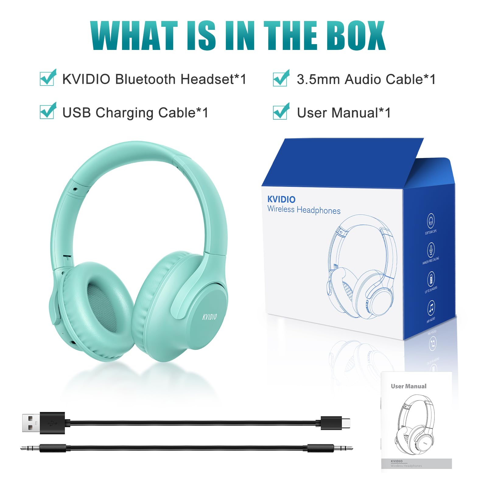 KVIDIO Wireless Bluetooth Over-Ear Headphones with Microphone, 65H Playtime, Foldable Lightweight Design, HiFi Stereo & Deep Bass - Perfect for Travel, Work, Gaming & Phone Calls (Green)
