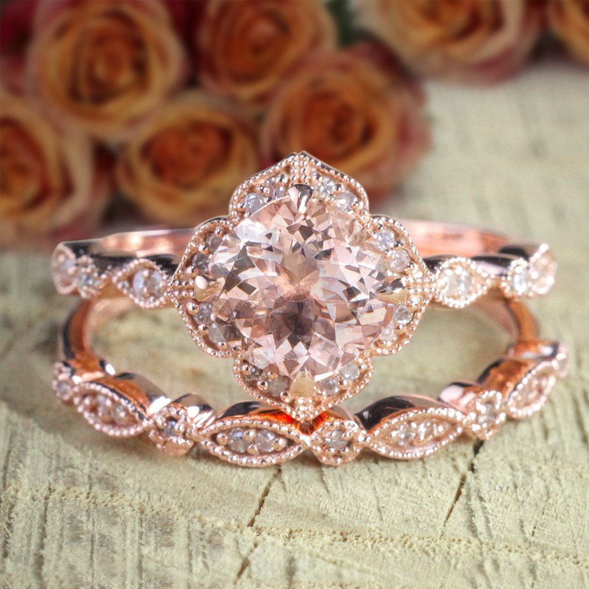1.50 Carat Cushion Cut Morganite & Diamond Halo Engagement Ring Set in 18k Gold Plated - Elegant Bridal Wedding Jewelry for Proposals, Anniversaries & Special Occasions