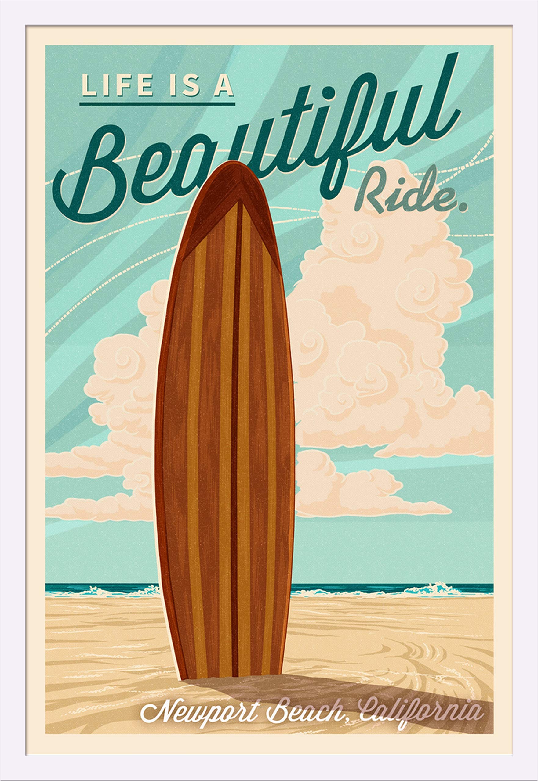 California Newport Beach Surf Board Letterpress Art Print - 'Life is a Beautiful Ride' 24x36 Giclee Gallery Framed in White Wood - Perfect for Beach House Decor & Surf Lover Gifts