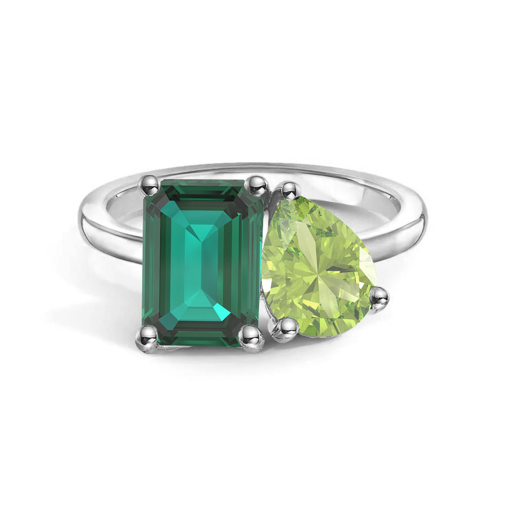 Toi et Moi Personalized Emerald Birthstone Ring - Custom Anniversary Jewelry for Couples, Women's Birthstone Engagement Ring - Perfect for Valentine's Day, Wedding Proposal & Romantic Gifts