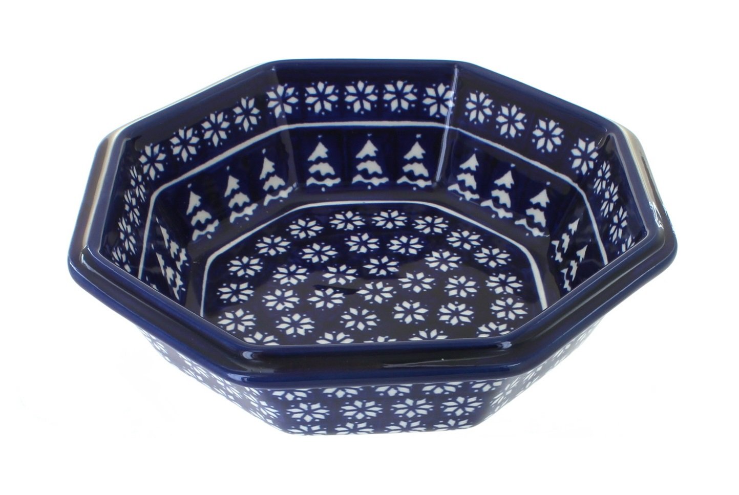 Blue Rose Polish Pottery Winter Nights Large Octagonal Bowl - Handcrafted Ceramic Serving Bowl for Holiday Decor & Dinner Parties