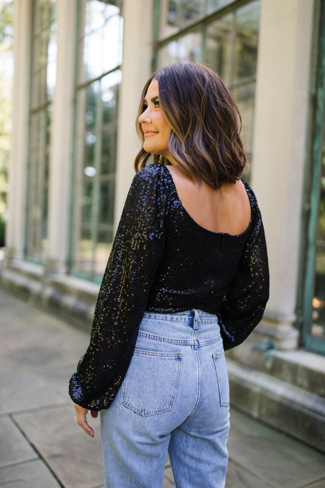 Holiday Toast Black Puff Sleeve Sequin Bodysuit - Women's Party Jumpsuit for Christmas, NYE & Special Occasions | Final Sale