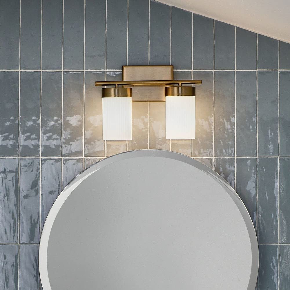 Kichler Ciona 14.5 Inch 2-Light Bathroom Vanity Light Fixture with Round Ribbed Glass Shades in Polished Nickel Finish - Perfect for Modern Bathroom, Powder Room, and Dressing Room Lighting