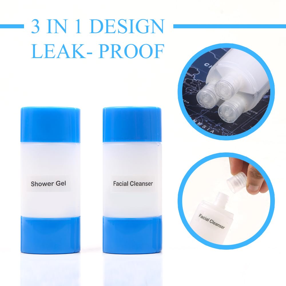 INOVERA 3-in-1 Refillable Travel Bottles Set - Leak Proof Plastic Containers for Shampoo, Conditioner & Lotion - TSA Approved Toiletry Bottles for Air Travel (Blue) | Perfect for Carry-On Luggage, Gym Bags & Vacation Essentials