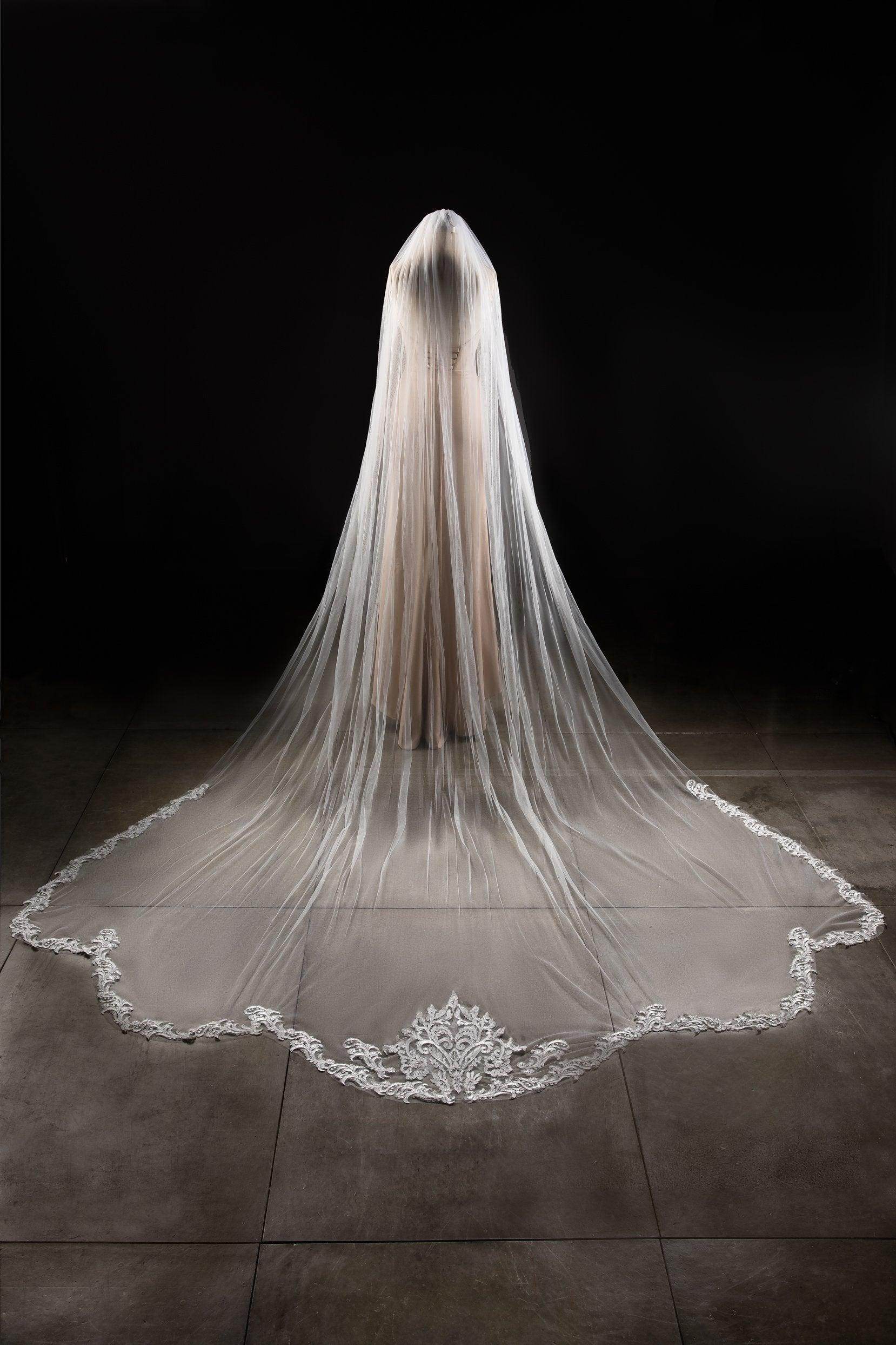 Elegant One-Tier Lace Edge Tulle Cathedral Wedding Veil with Appliques - CV0287 | Perfect for Bridal Ceremonies, Photos & Formal Occasions