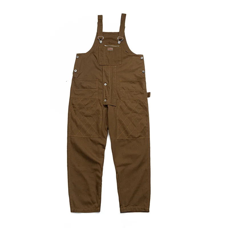 Men's Multi-Pocket Workwear Jumpsuit - Loose Fit Sleeveless Overalls in Green & Beige | Durable One-Piece Trousers for Construction, Gardening & Outdoor Work | Style 9Y7822