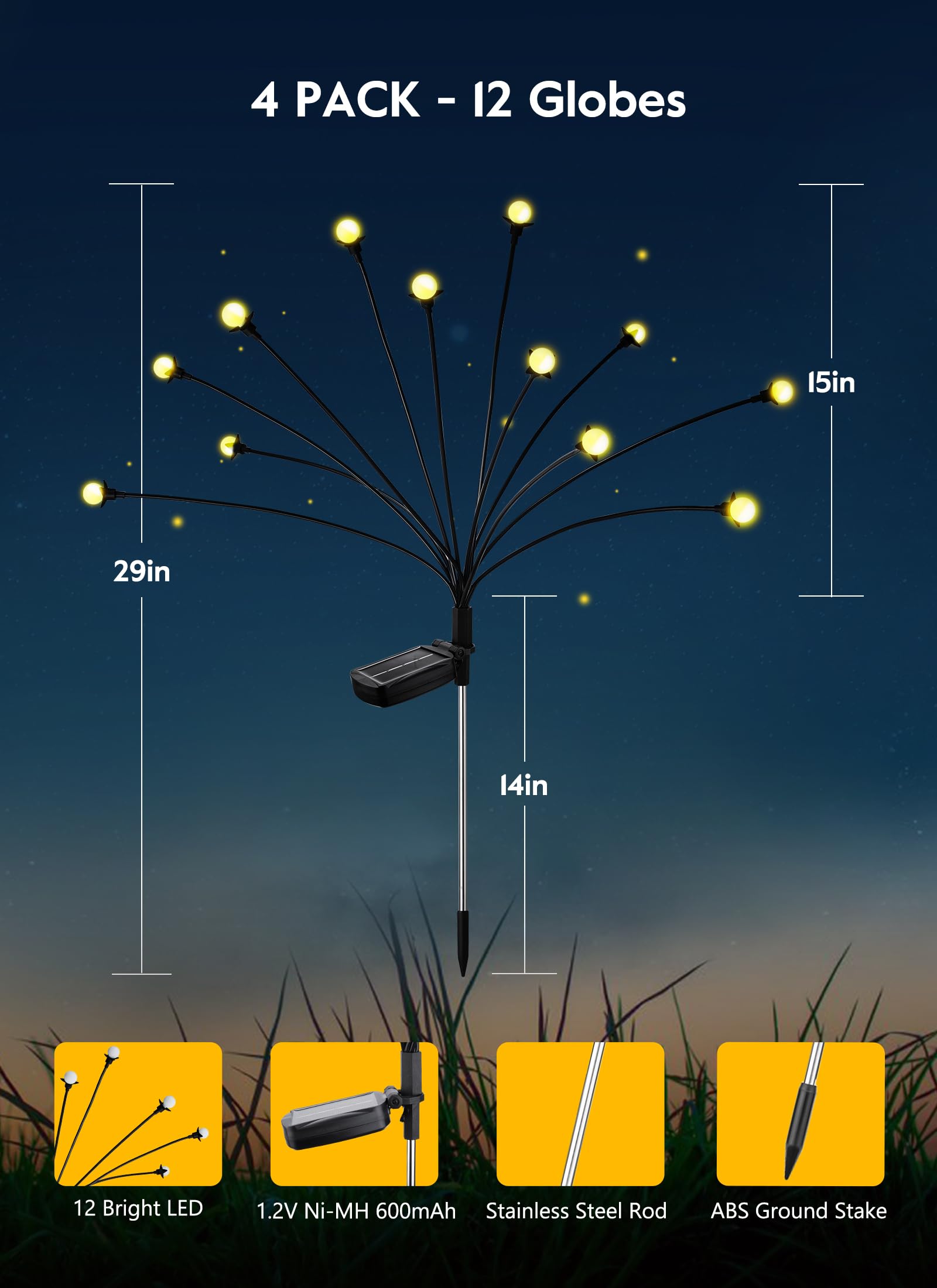 8 Pack Solar Garden Lights - 12 LED Waterproof Outdoor Solar Lights with 2 Lighting Modes, Wind-Sway Firefly Design for Yard, Patio, Walkway Decoration (Warm White) | Perfect for Landscape Lighting, Garden Pathways & Backyard Ambience