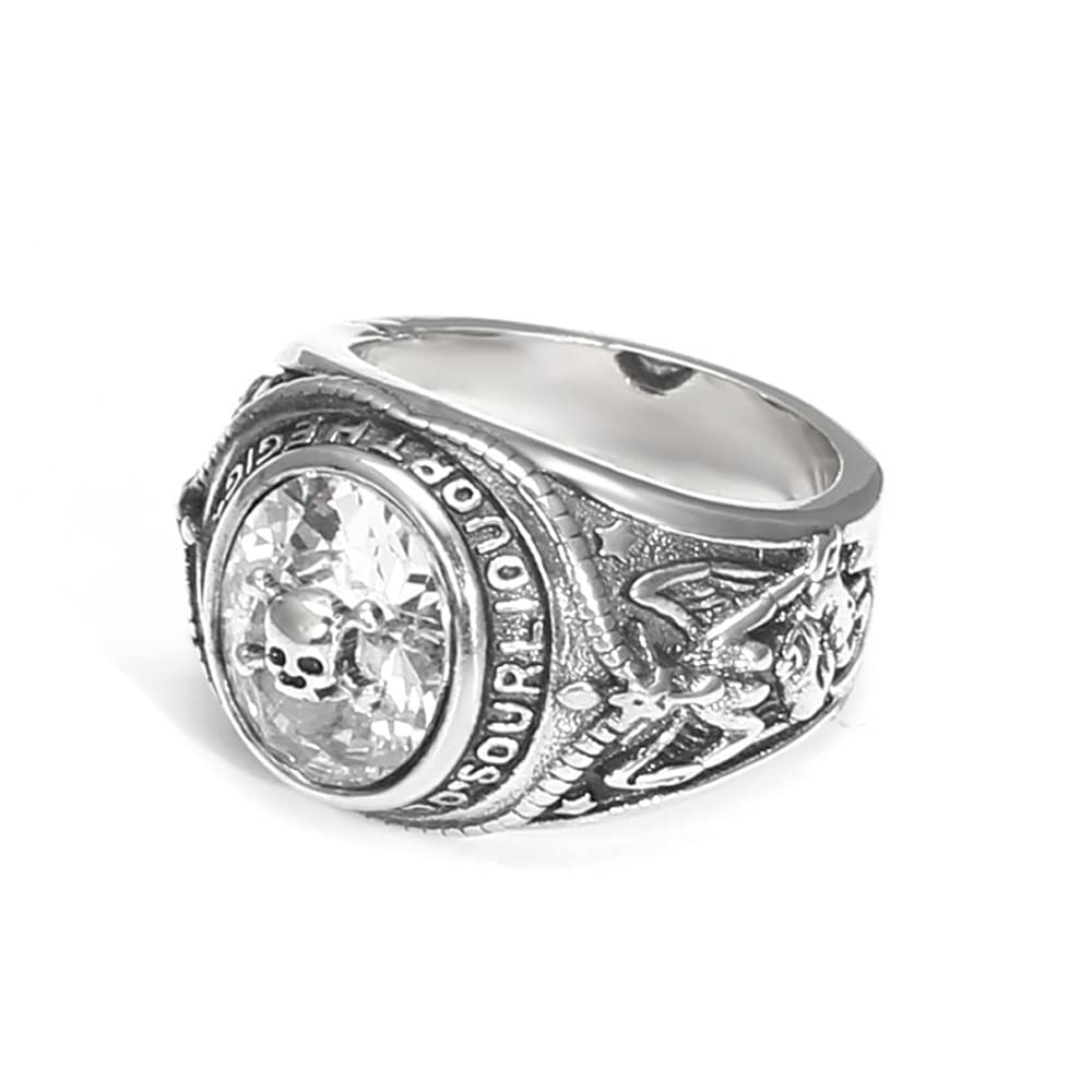 925 Sterling Silver White Cubic Zircon Signet Ring - Vintage Skull Biker Style Jewelry for Men & Women (Size 9.5-11.5) | Perfect for Gothic Fashion, Motorcycle Enthusiasts & Edgy Everyday Wear