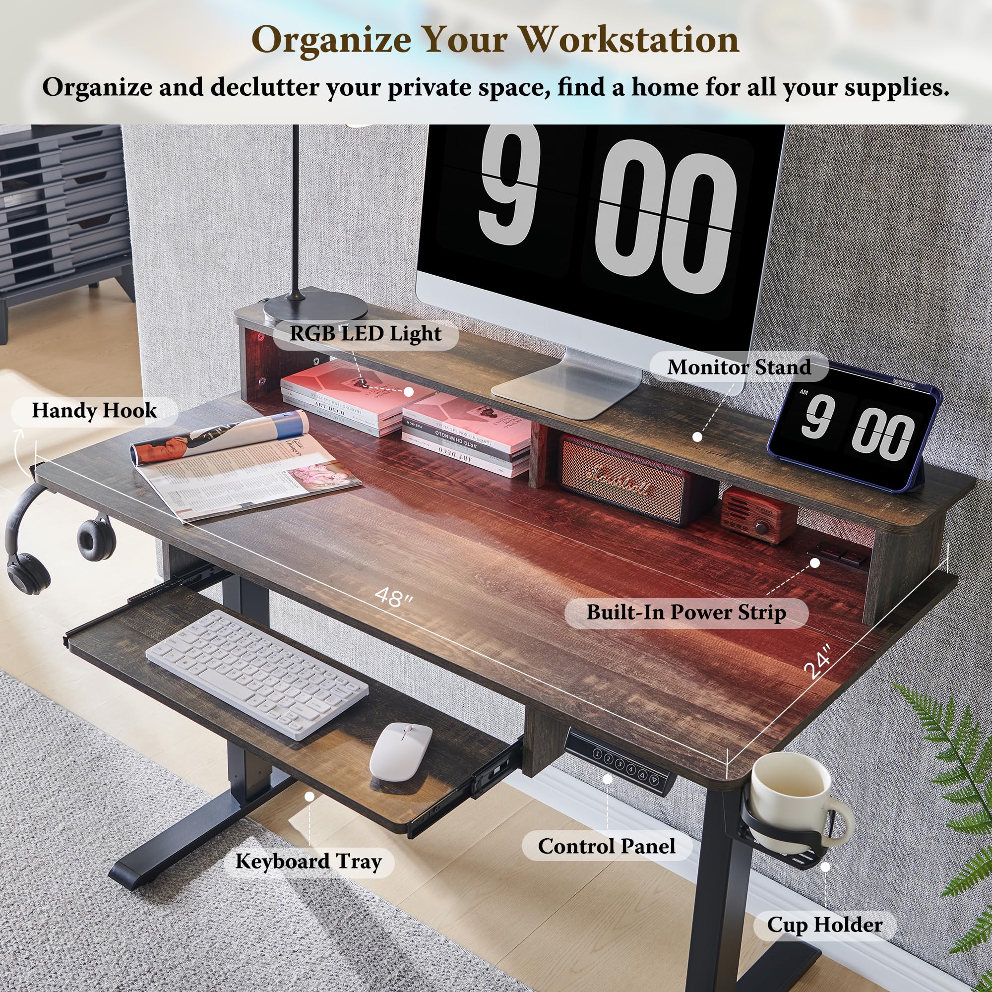 RedLemon 48 Inch Electric Standing Gaming Desk - Height Adjustable Computer Desk with Power Outlets, LED Lights, Keyboard Tray & Monitor Shelf - Dark Rustic Oak Finish for Home Office & Gaming Setup