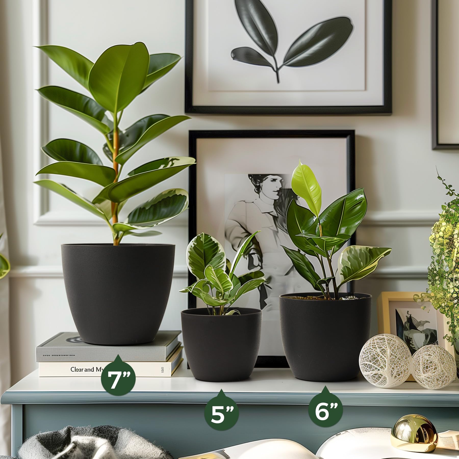 6 Inch Self Watering Planters - Set of 6 Modern Decorative Plastic Flower Pots for Indoor Plants, Herbs, Succulents & African Violets | Window Box Planter for Home, Office & Garden Decor (Black)