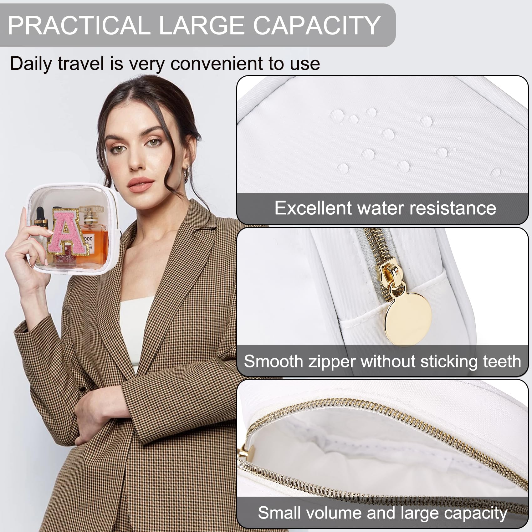 Clear Makeup Bag for Women - Mini Cosmetic Pouch with Zipper, Cute Travel Toiletry Organizer (White, Letter K) | Perfect for Travel, Gym & Daily Essentials Storage