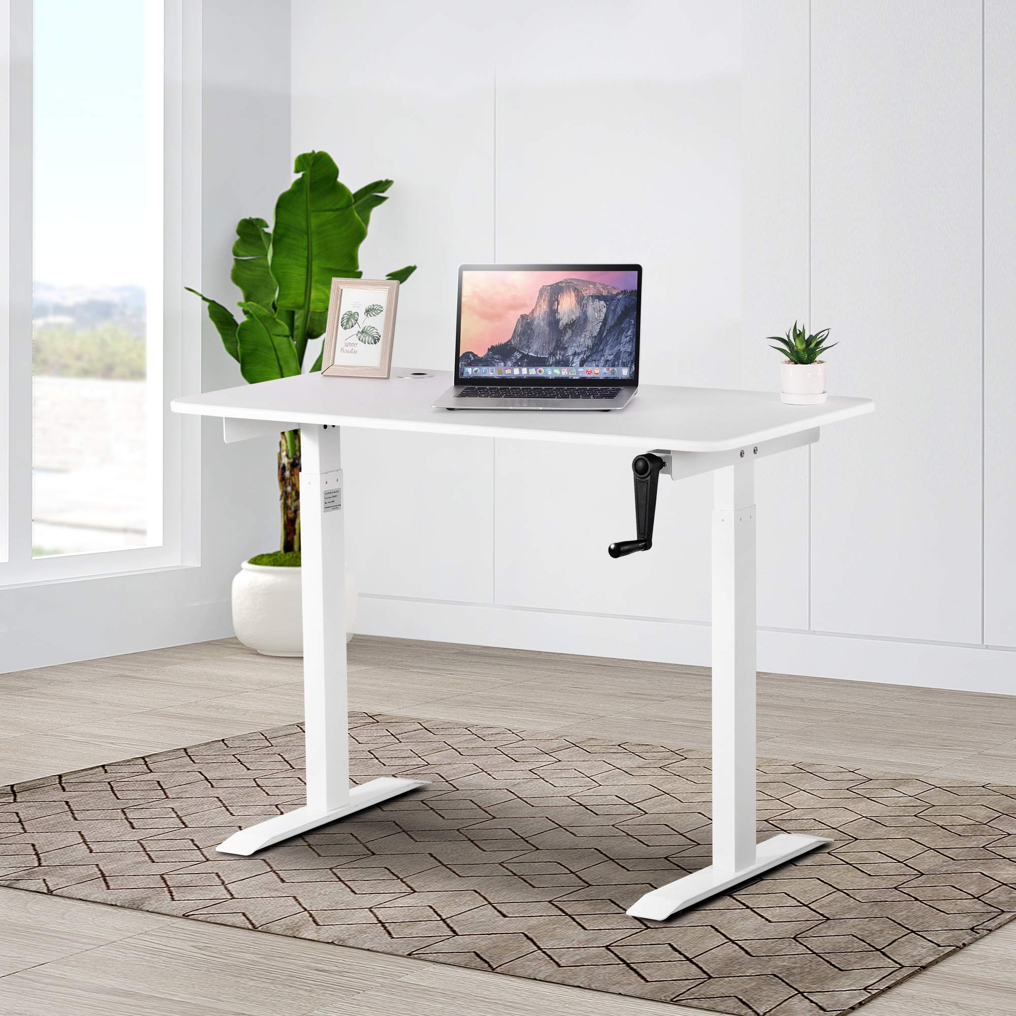 UNICOO - Adjustable Height Standing Desk, Sit to Stand Home Office Desk, Ergonomic Computer Table with Crank, Portable Writing & Study Desk (White Top/White Frame) - Perfect for Remote Work, Gaming & Small Spaces