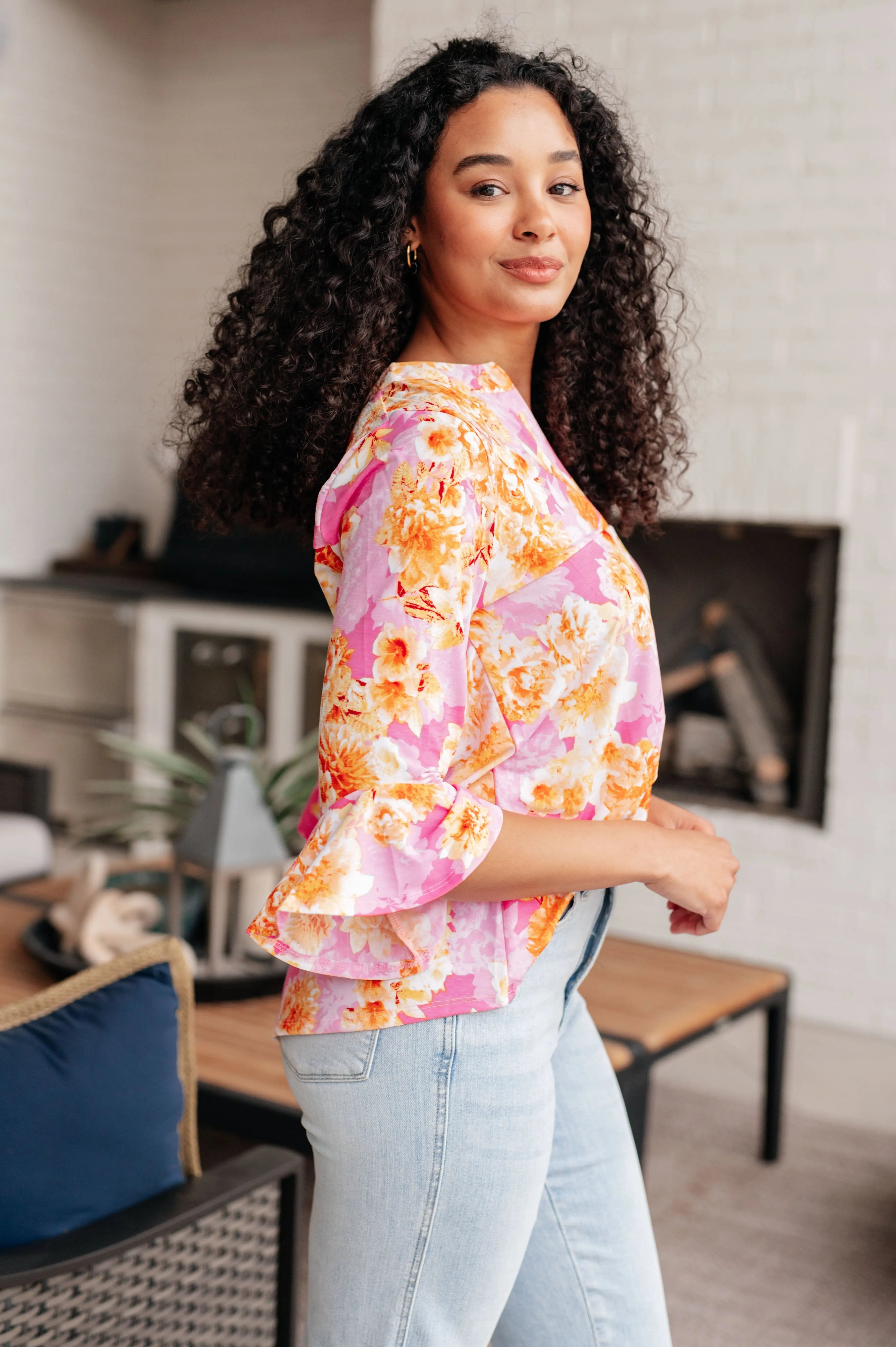 Lizzy Bell Sleeve Blouse - Pink & Gold Floral Print Women's Tops for Casual Wear, Office, and Date Night Outfits
